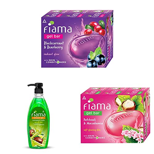 Fiama Blackcurrant & Bearberry Soap Bar 125g (3-Pack) | Fiama Lemongrass & Jojoba Shower Gel Body Wash 500ml with Pump | Fiama Patchouli & Macadamia Soap Bar 125g (3-Pack) - Refreshing Bath & Shower Set for Spa-Like Experience at Home