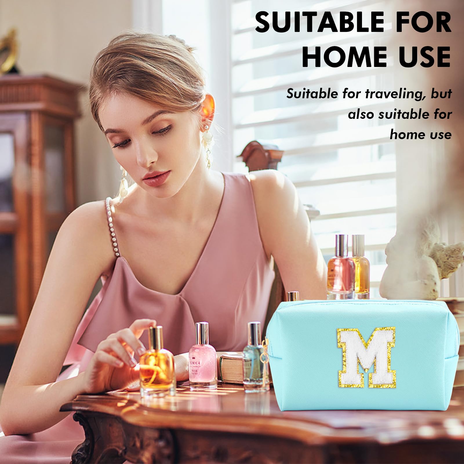 Personalized Initial Makeup Bag for Girls - Waterproof PU Cosmetic Pouch with Zipper, Cute Travel Toiletry Bag, Preppy Birthday Gift for Teen Girls & Women (Blue, Medium) | Perfect for Travel, School, Sleepovers & Daily Makeup Organization