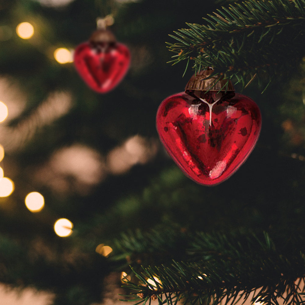 6 Pack Red Cora Mercury Glass Heart Ornaments - Elegant Christmas Tree Decorations for Holiday, Wedding, Party & Home Décor
