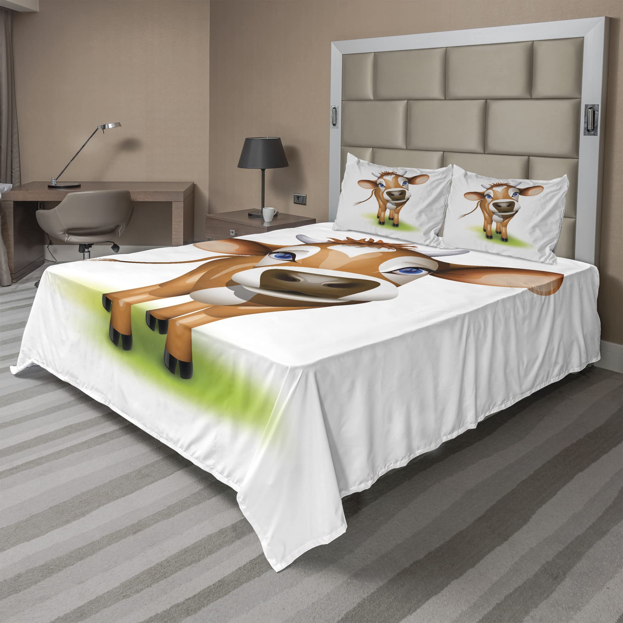 Ambesonne Cartoon Cow Bed Sheet Set - 4 Piece King Size with Fitted Sheet, Flat Sheet & Pillowcases - Livestock Theme Royal Blue Cinnamon - Perfect for Kids' Rooms, Farmhouse Decor & Unique Gift Ideas