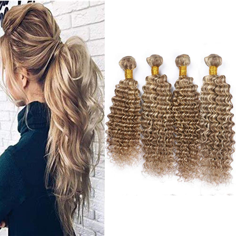 Brazilian Virgin Human Hair Extensions 4 Bundles #8/613 Piano Color - Deep Wave Curly Mixed Blonde Highlight Light Brown - 24 26 28 30 Inch for Stunning Weaves & Natural-Looking Hairstyles - Perfect for Daily Wear, Parties & Special Occasions