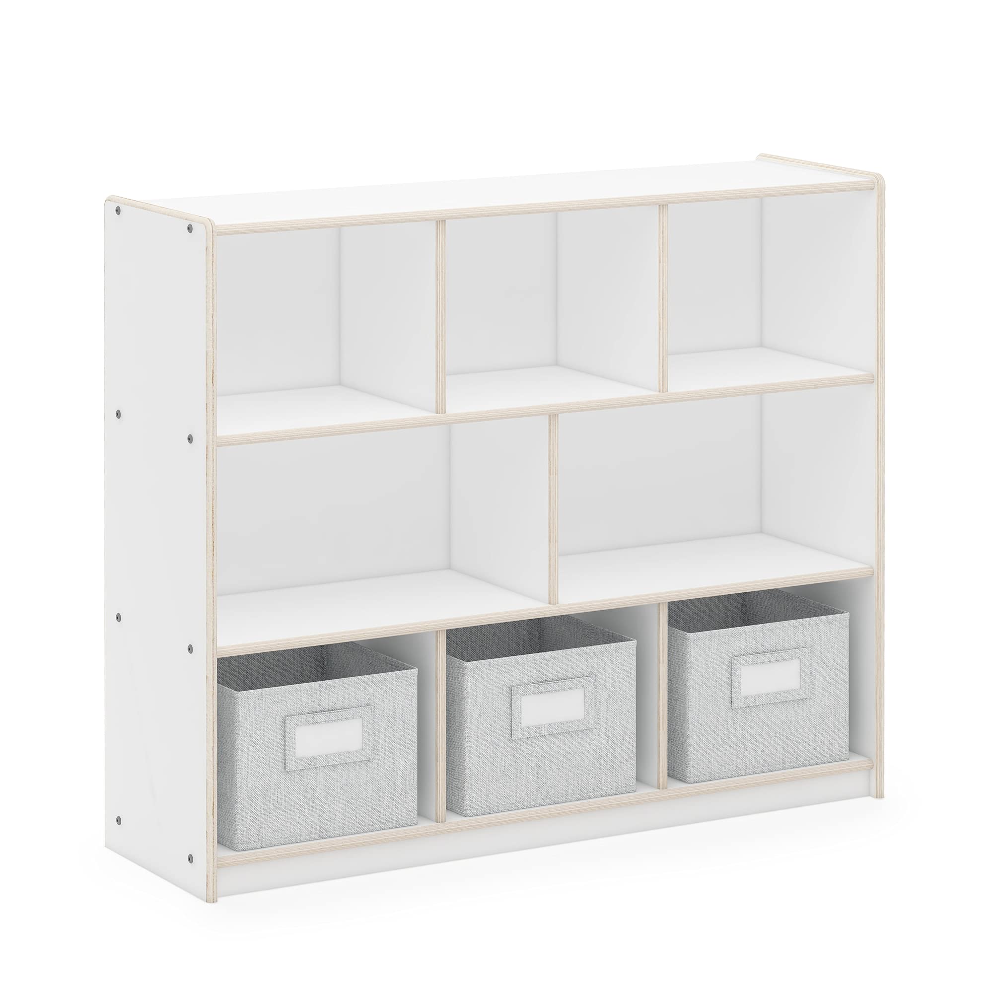 Guidecraft EdQ 3-Shelf Wooden Storage Unit with 3 Fabric Bins - Kids Bookshelf & Toy Organizer for Homeschool, Classroom, Playroom & Bedroom Organization