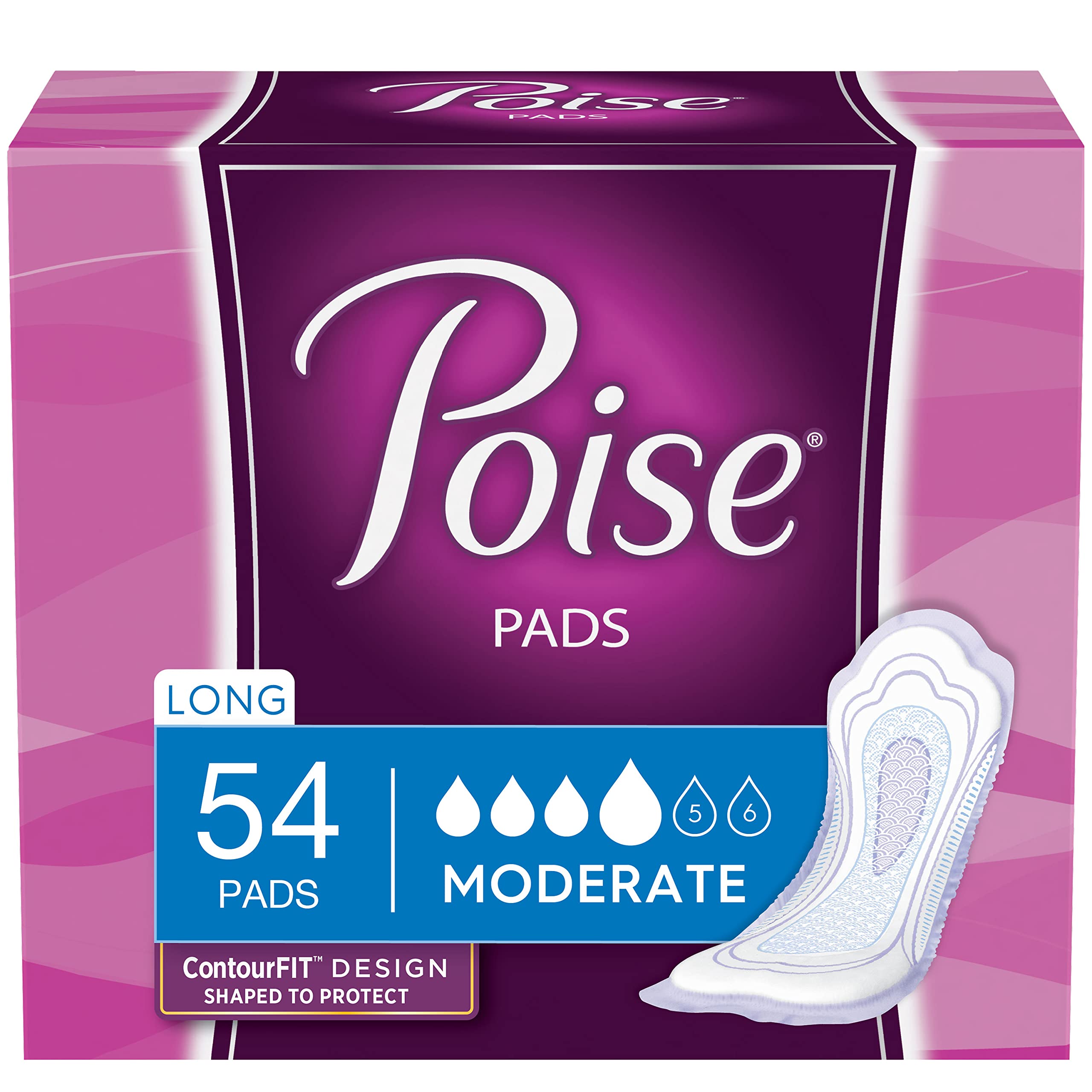 Poise Incontinence Pads for Women - Moderate Absorbency Long Length (54 Count, Pack of 4) - Bladder Leakage Protection for Active Lifestyles, Postpartum & Menopause