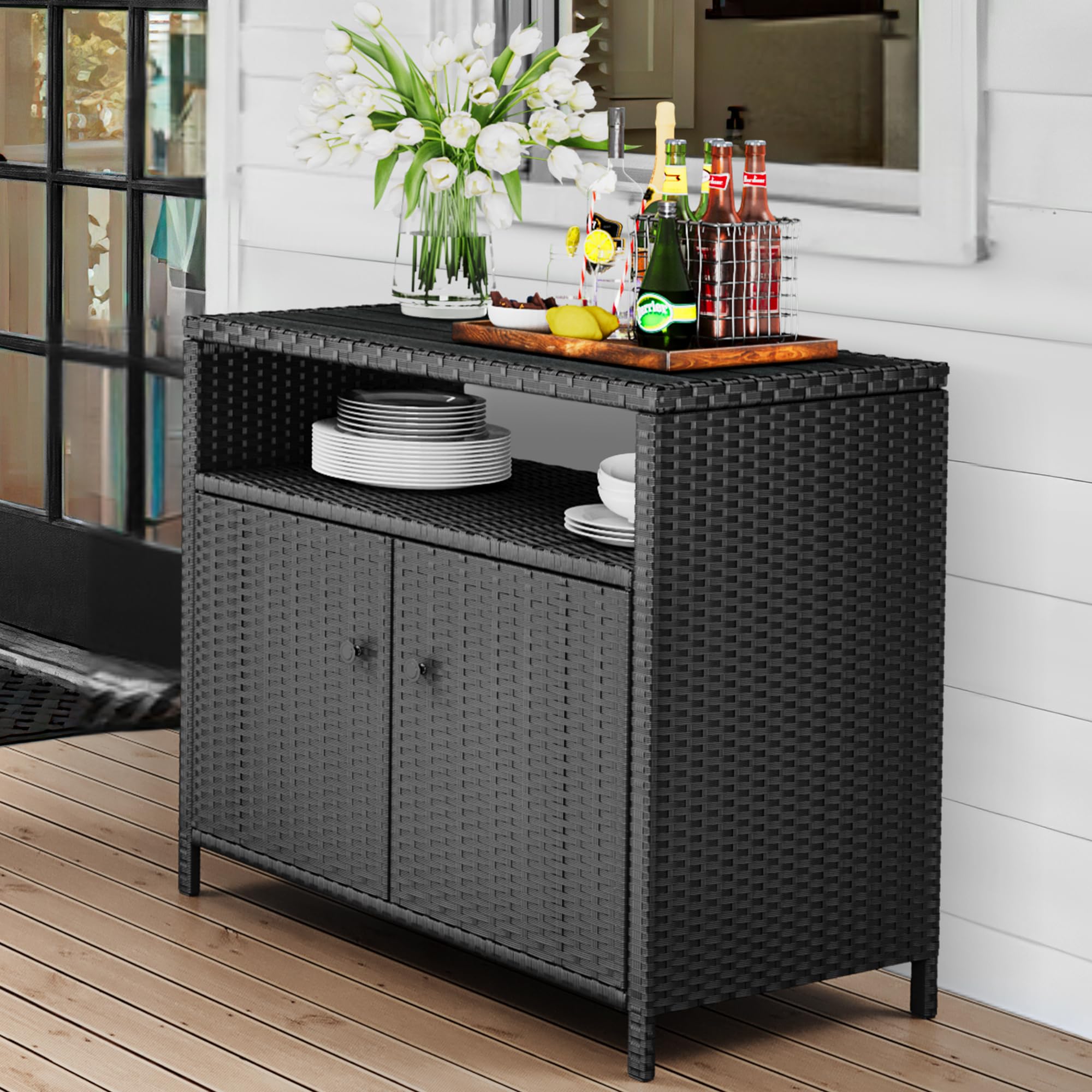YITAHOME Outdoor Wicker Storage Cabinet with 2 Doors & Shelves - Weatherproof Patio Furniture for Poolside, Garden, and Backyard Organization - Black