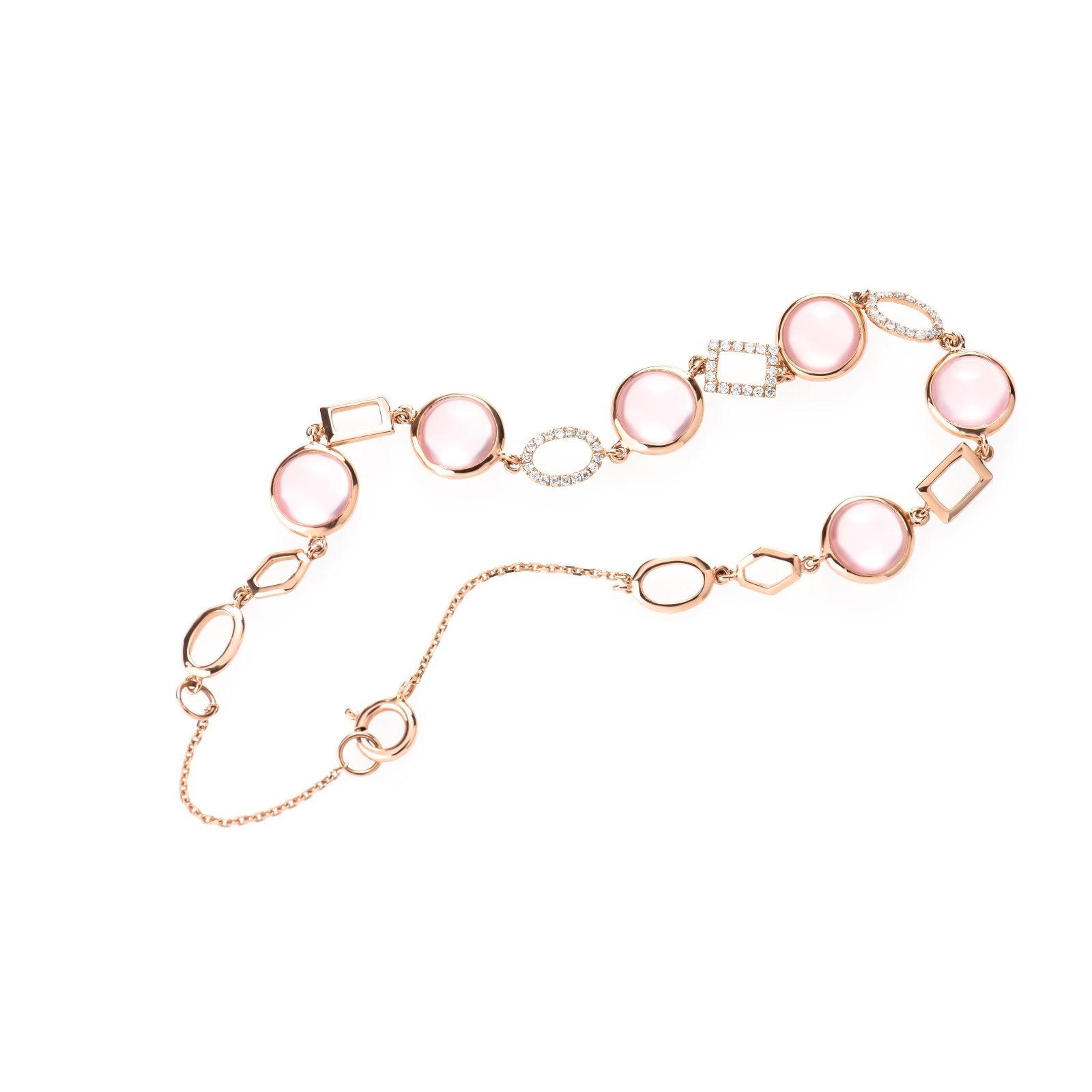 14K Rose Gold Rose Quartz & Geometric Diamond Link Bracelet - Elegant Jewelry for Women, Perfect for Gifts, Weddings & Special Occasions