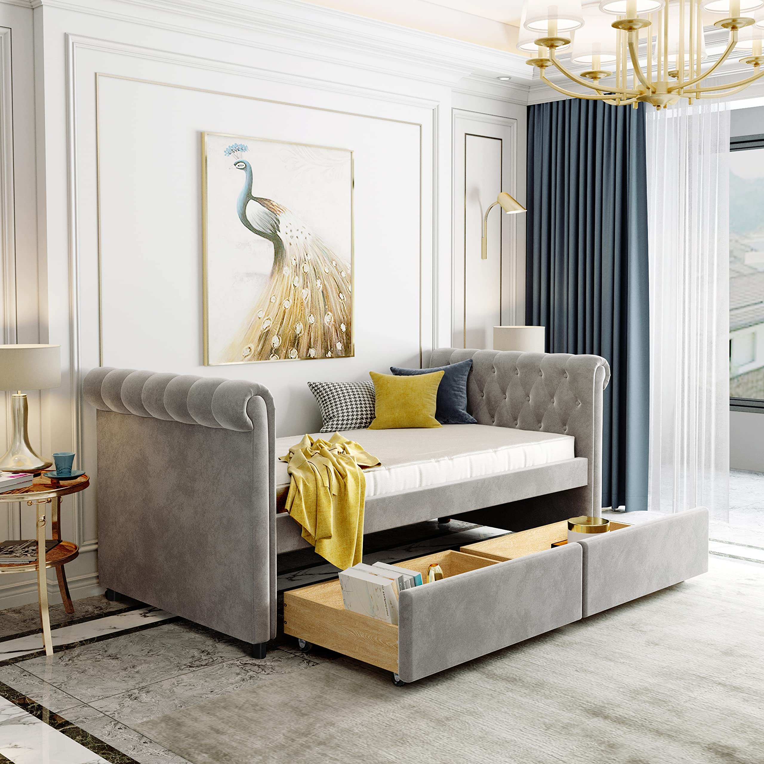 Elegant Upholstered Twin Size Daybed with 2 Drawers & Wood Slat Support - Convertible Sofa Bed for Living Room, Guest Room & Teen Bedroom - No Box Spring Needed