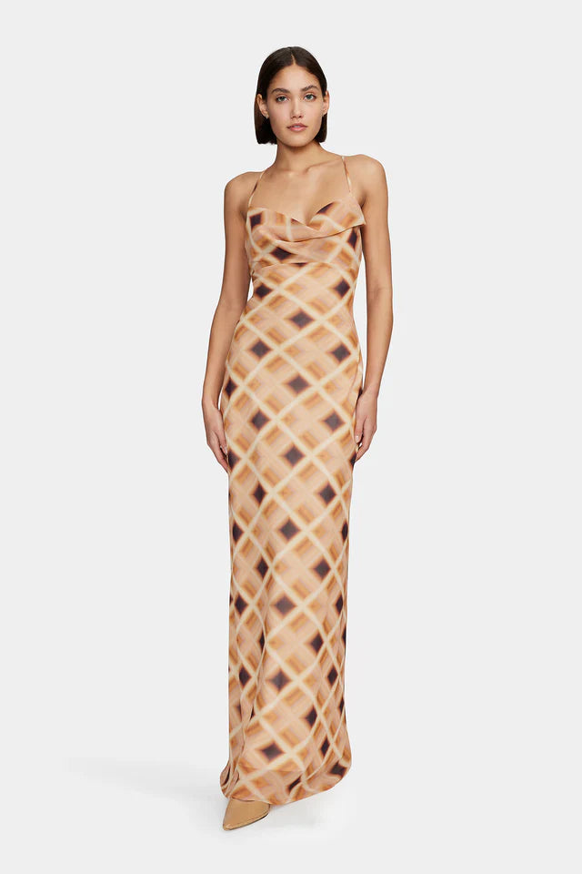Elegant Remy Caramel Check Cowl Neck Strappy Maxi Dress for Women - Perfect for Weddings, Parties & Summer Vacations