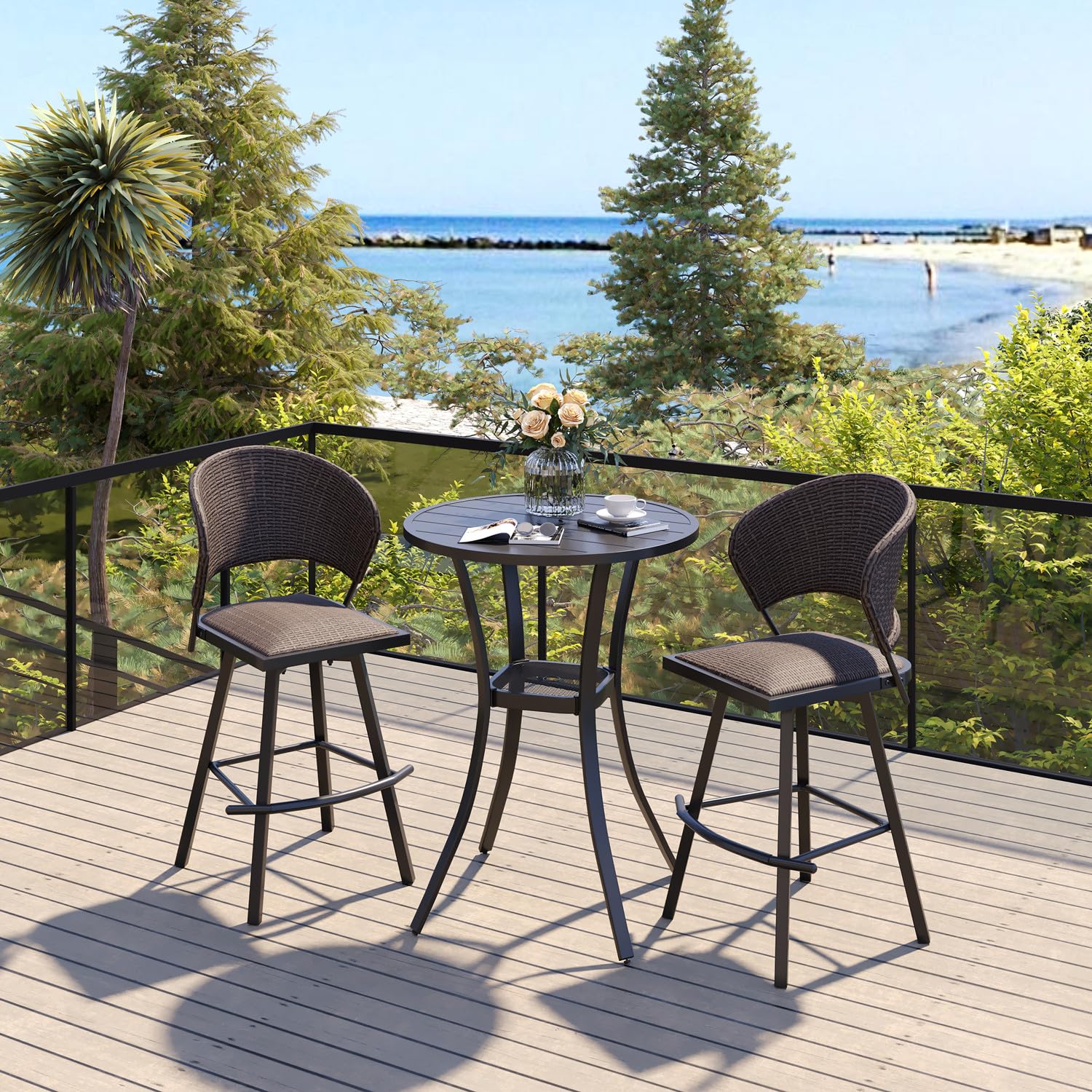 VICLLAX 28 Inch Round Outdoor Bar Table - Adjustable Height Patio Dining Table with Umbrella Hole, Weather-Resistant Black Metal Bistro Set for Balcony, Garden, Poolside & Backyard Entertaining