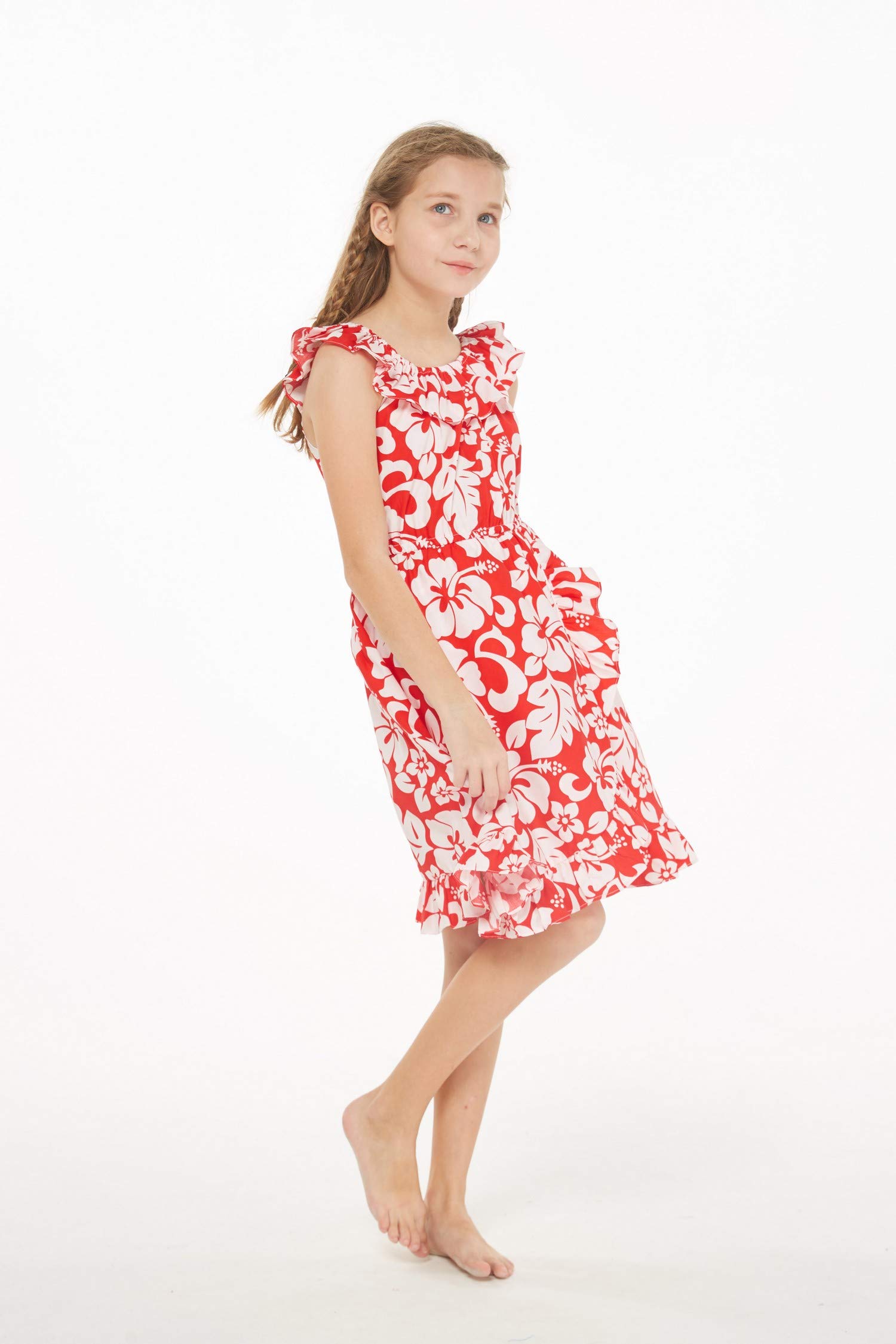**Luau Wrap Ruffle Dress for Girls - Classic Red Hibiscus Print - Perfect for Hawaiian Parties, Beach Vacations & Summer Outfits**