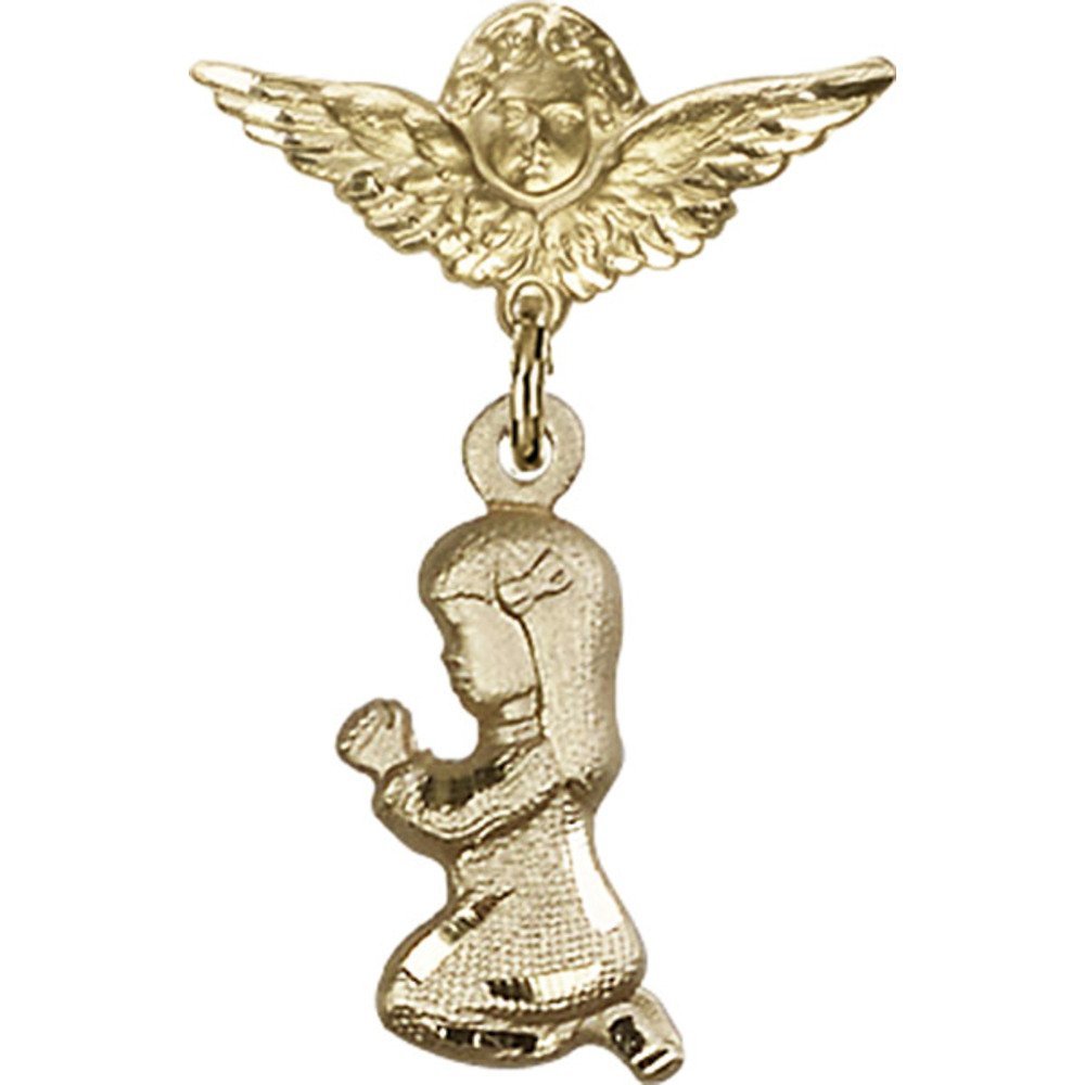 Gold Filled Baby Badge Pin with Praying Girl & Angel Wing Charm - 1 1/8 X 3/4 Inch - Perfect for Christening Gifts, Baby Showers & Keepsake Jewelry