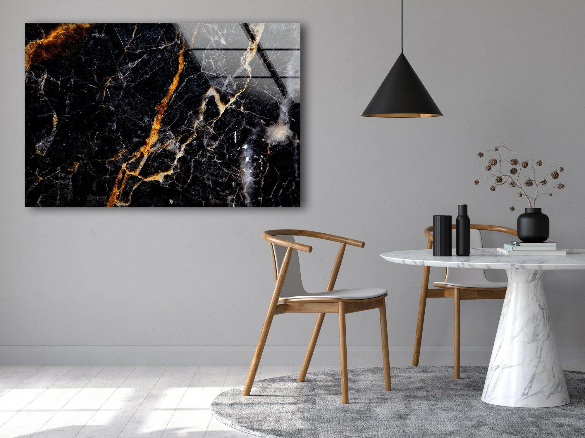 Black & Orange Marble Abstract Glass Wall Art - Modern Home Decor for Living Room, Bedroom & Office - Unique Handmade Glass Painting for Contemporary Interior Design