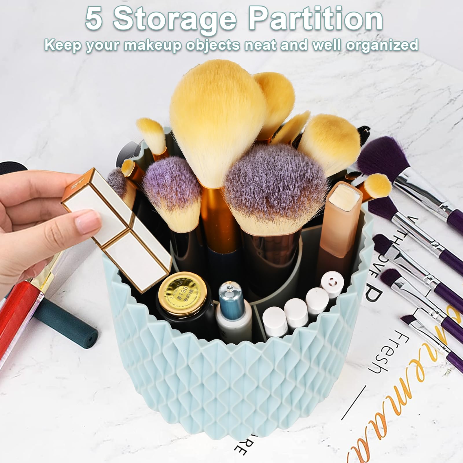360° Rotating Makeup Brush Holder - 5 Slot Cosmetic Organizer for Vanity, Bathroom & Desktop | Classic Haze Blue Design | Perfect for Makeup Brushes, Eyeliners & Beauty Tools Storage