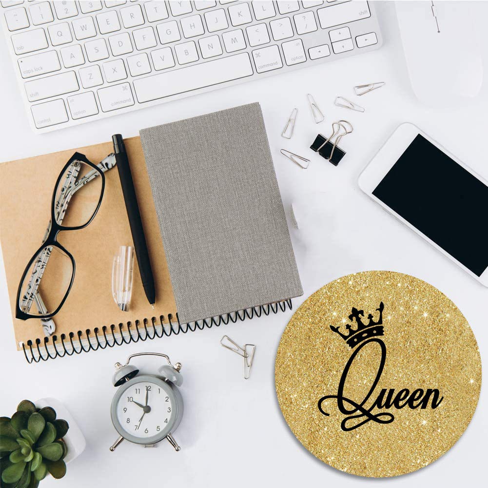 Gold Glitter Crown Queen Design Round Mouse Pad with Coasters Set - Non-Slip Rubber Base for Laptop & Computer - Perfect for Office, Gaming & Home Workspace Accessories