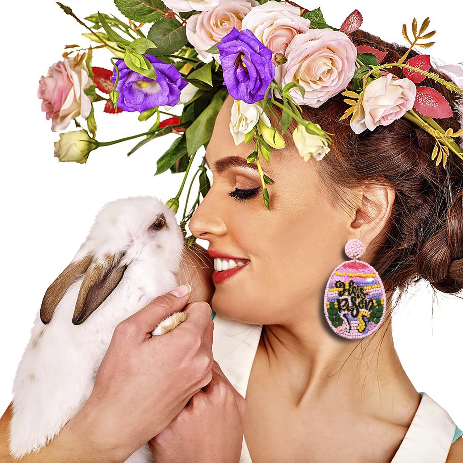 Easter Earrings for Women - Colorful Beaded 'He Is Risen' Dangle Earrings with Sequins & Egg Charm - Spring Holiday Jewelry Gift (Green) - Perfect for Easter Sunday Church, Spring Parties & Festive Celebrations