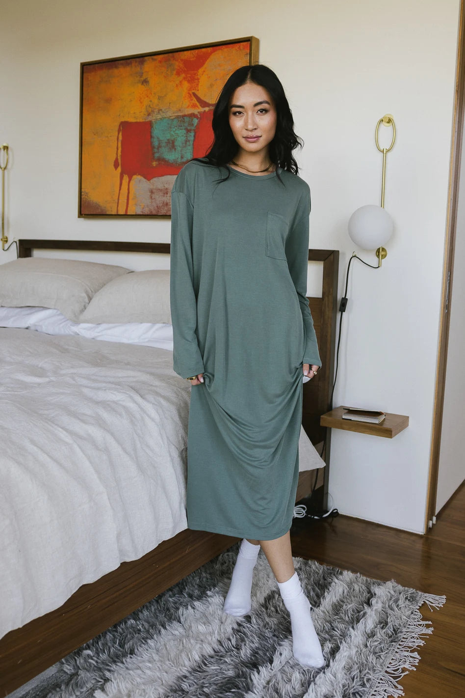 Women's Long Sleeve T-Shirt Dress in Sage Green - Soft Casual Loose Fit Tunic Dress for Fall & Winter | Perfect for Layering, Workwear, and Everyday Comfort