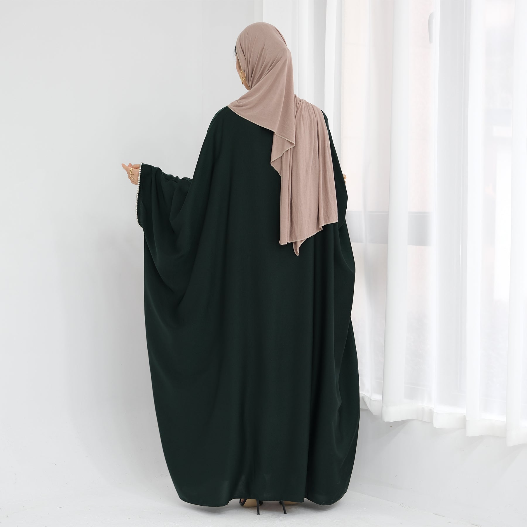 Davina Butterfly Satin Abaya Emerald Green - Elegant Muslim Prayer Dress for Women | Perfect for Eid, Ramadan & Special Occasions