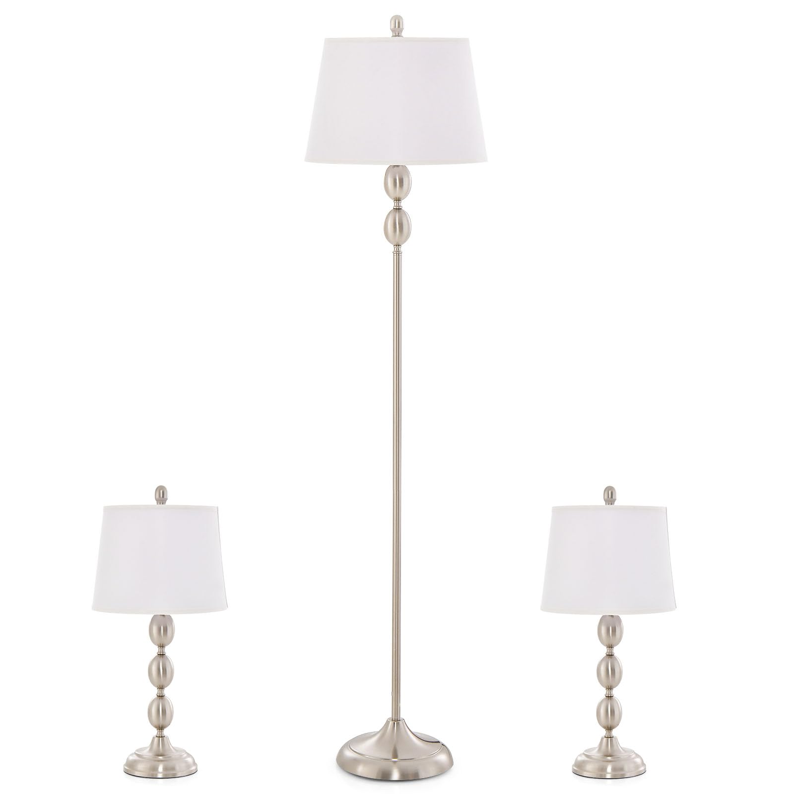 Tangkula 3-Piece Modern Retro Lamp Set - Floor Lamp & 2 Table Lamps with Metal Base & Fabric Shades - Vintage Style Lighting for Living Room, Bedroom, Office - Perfect for Reading, Relaxing & Home Decor (Nickel Finish)