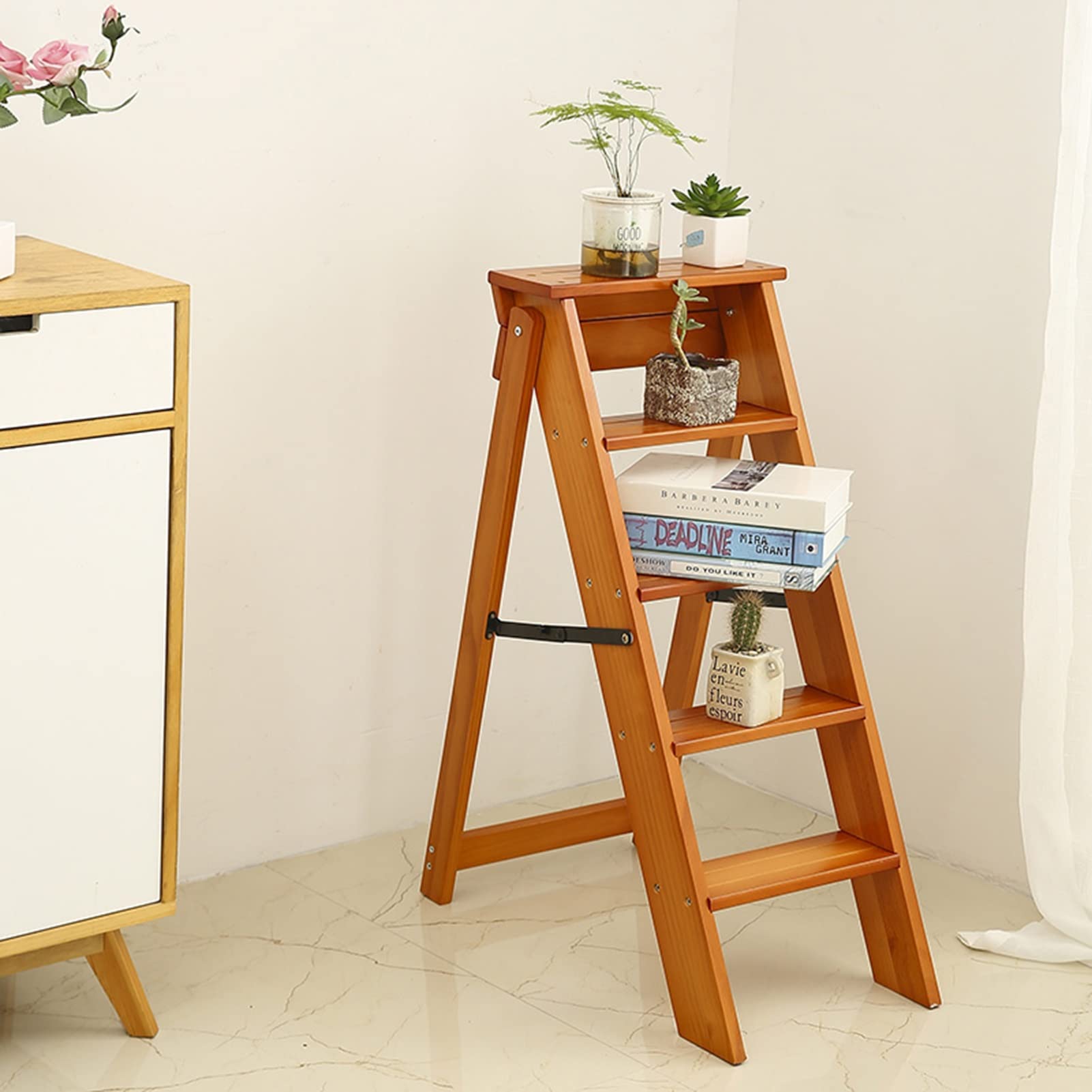 XHALERY Wooden Step Stool for Chair - Multifunctional Kitchen Stool, Foldable Dual-Use Step Ladder with 5 Steps - Perfect for Home, Office & Kids' Room - Safe & Portable Climbing Stool