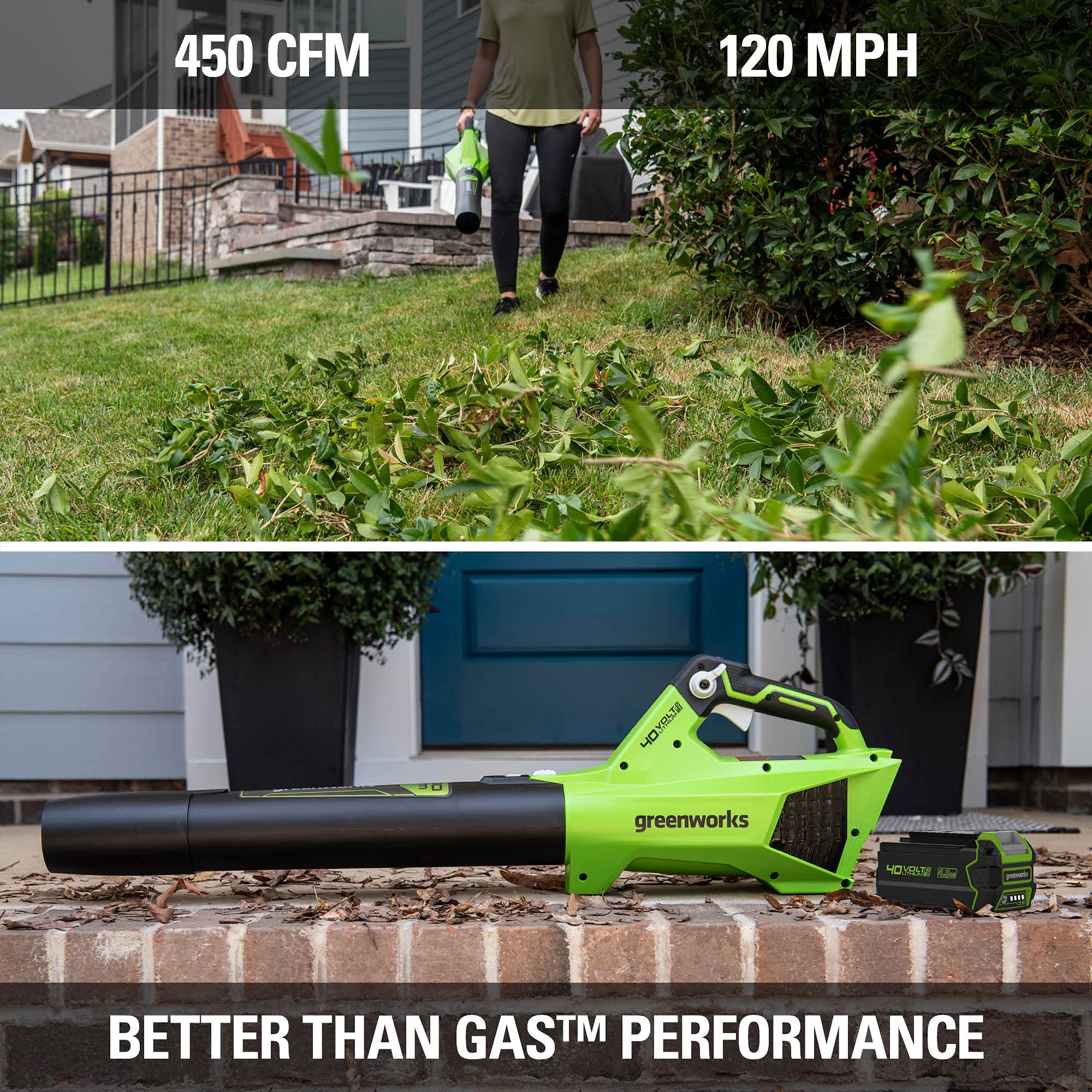 Greenworks 40V Cordless Leaf Blower (120 MPH, 450 CFM) with 4Ah Battery, USB Charger & Gutter Cleaning Kit - Perfect for Yard Cleanup, Driveway Clearing & Roof Gutter Maintenance
