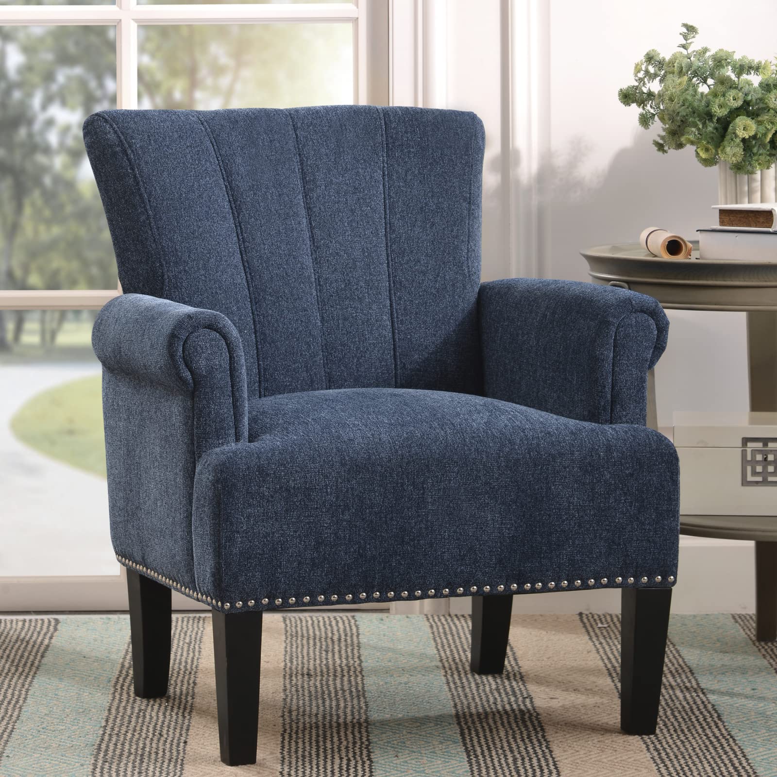 Luxury Tufted Upholstered Armchair with Nailhead Trim & Wooden Legs - Modern Accent Chair for Living Room, Office, or Reception Area - Perfect Reading & Lounge Chair (Navy Blue) - Ideal for Home Decor, Cozy Reading Nooks & Elegant Waiting Areas