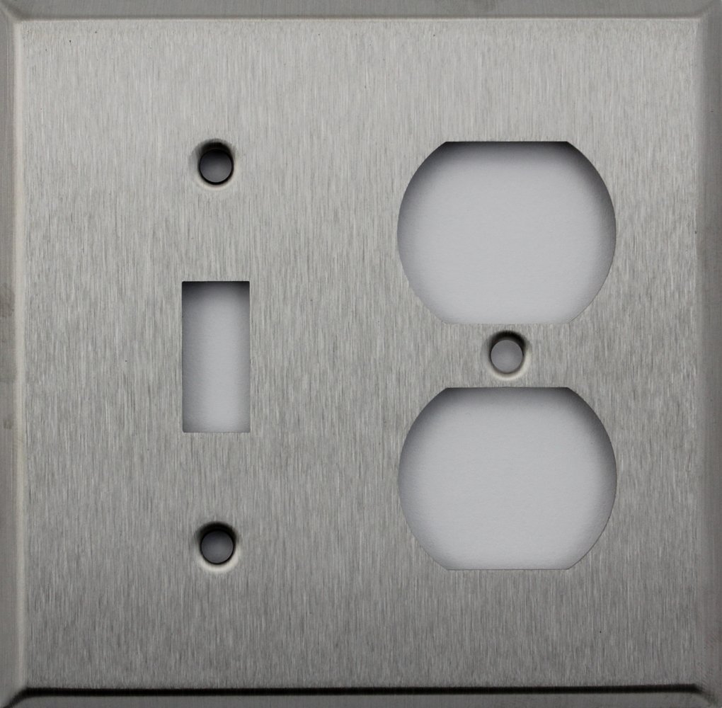 Brushed Satin Stainless Steel 2 Gang Wall Plate with 1 Toggle Switch & 1 Duplex Outlet - Premium Electrical Cover for Home & Office Decor