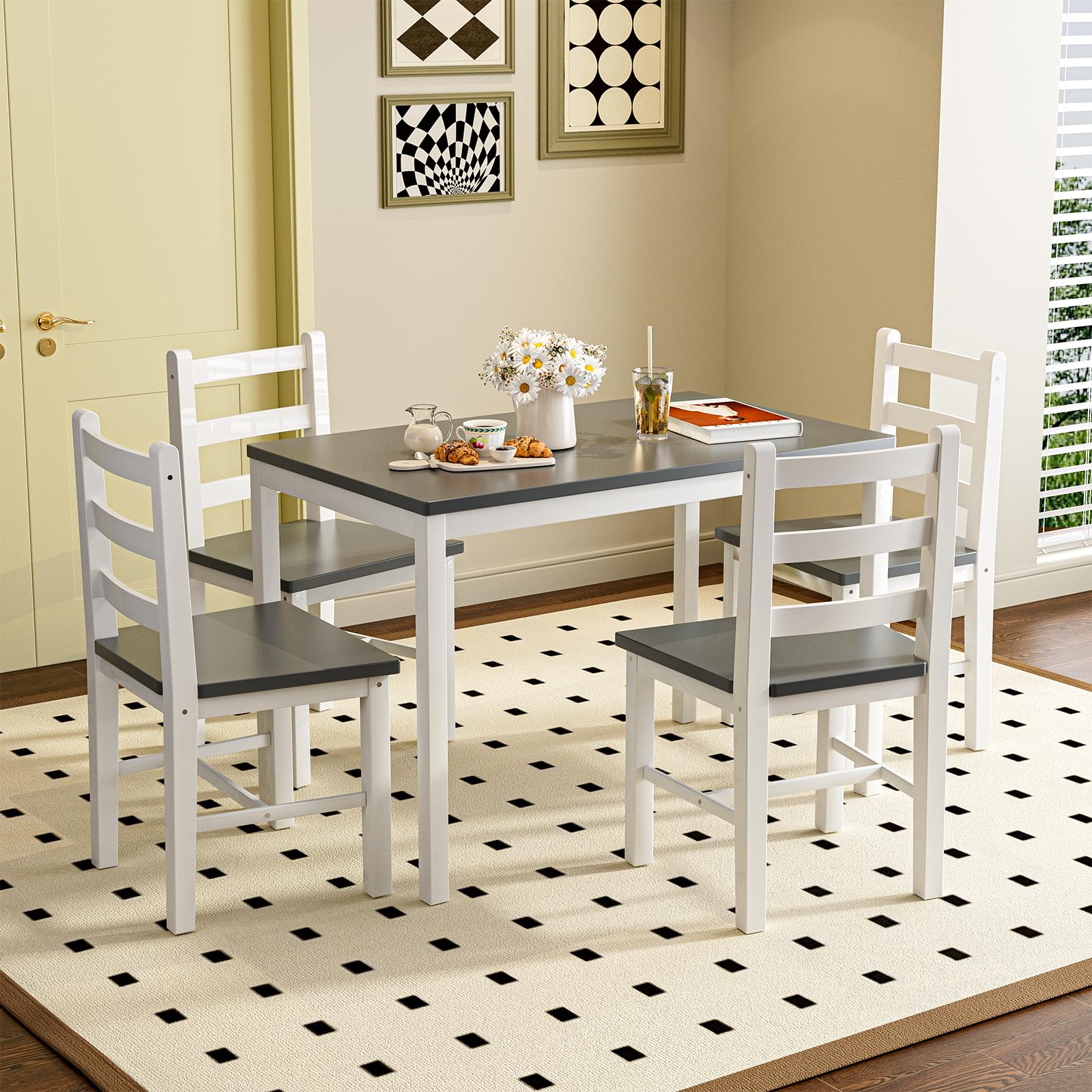 5-Piece Wooden Dining Table Set with 4 Chairs - Farmhouse Kitchen Table & Chairs for Small Spaces | Perfect for Home, Apartment, Dining Room & Restaurant Use | Durable & Space-Saving Design