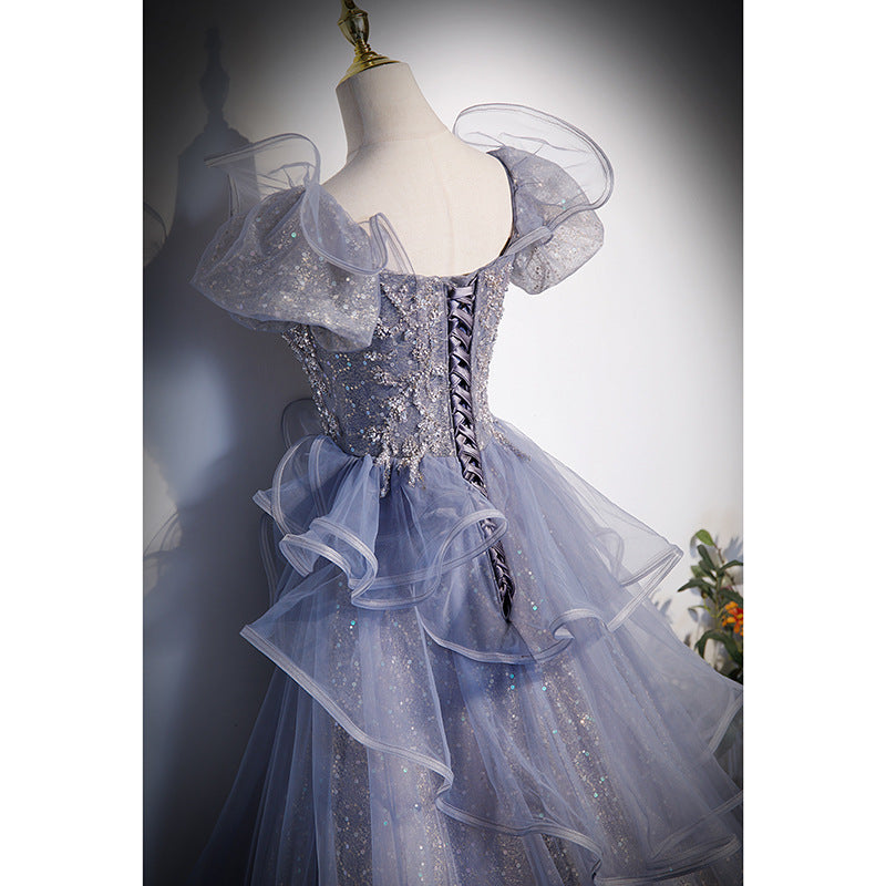 Elegant Gray A-Line Shiny Prom Dress with Puff Sleeves - Formal Evening Gown for Sweet 16 Party, Homecoming, and Special Occasions