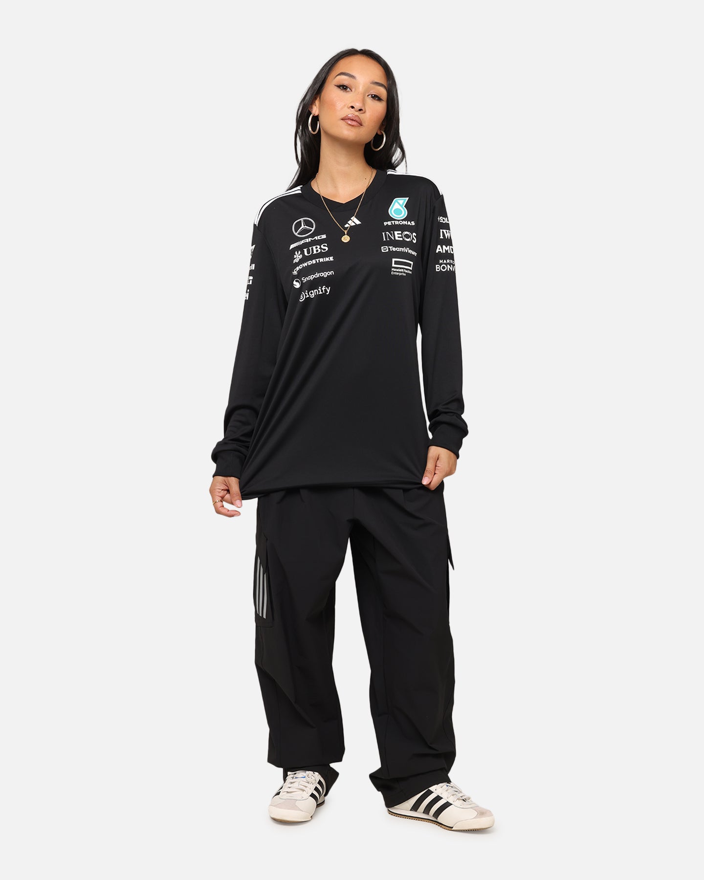 Adidas x Mercedes AMG PETRONAS F1 2025 Team Long Sleeve T-Shirt Black - Official Formula One Racing Shirt for Fans & Drivers - Perfect for Race Day & Casual Wear