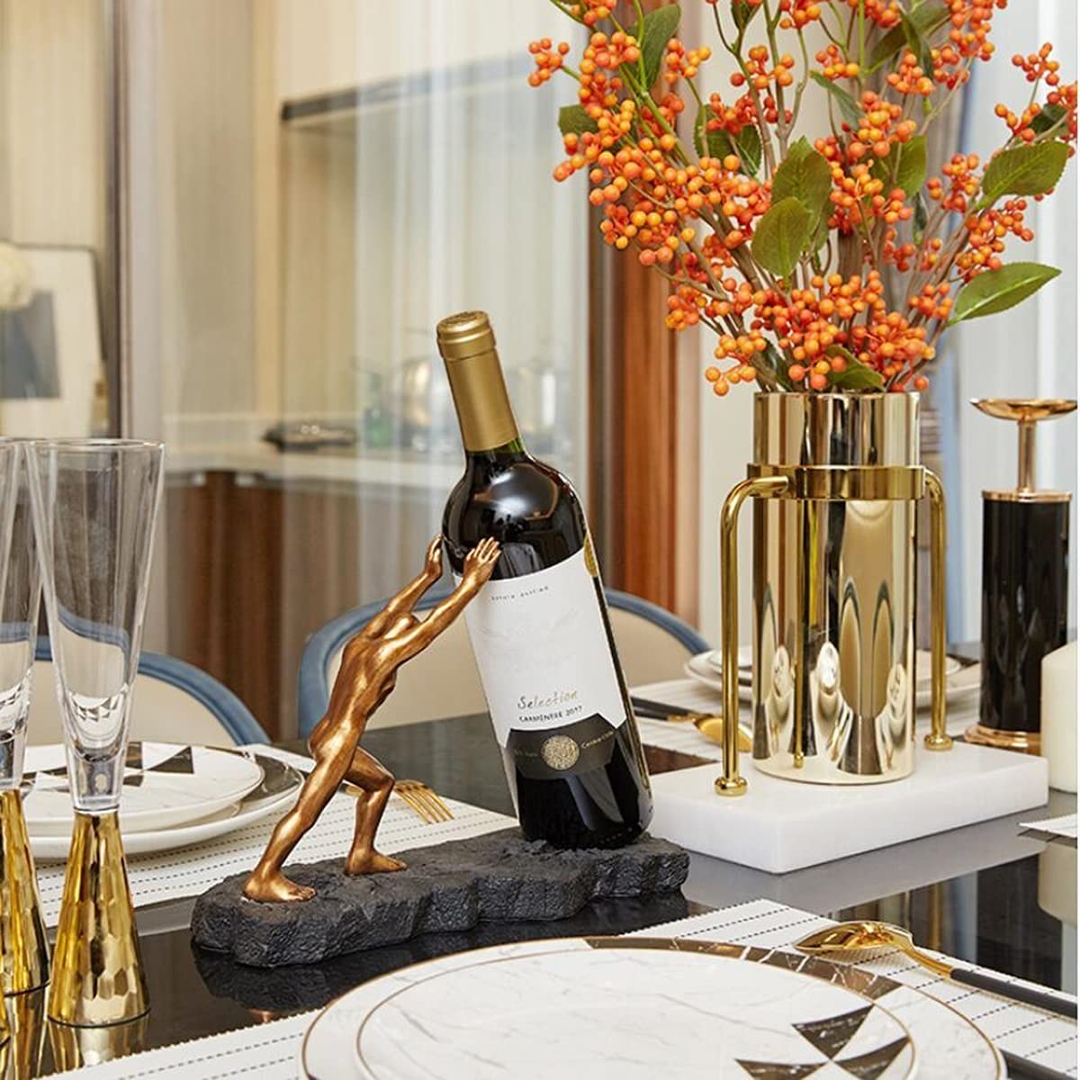 Creative Man-Shaped Wine Bottle Holder Sculpture - Tabletop Wine Rack with Base for Kitchen, Bar & Dining Room Decor - Unique Wine Storage & Display for Home Decor