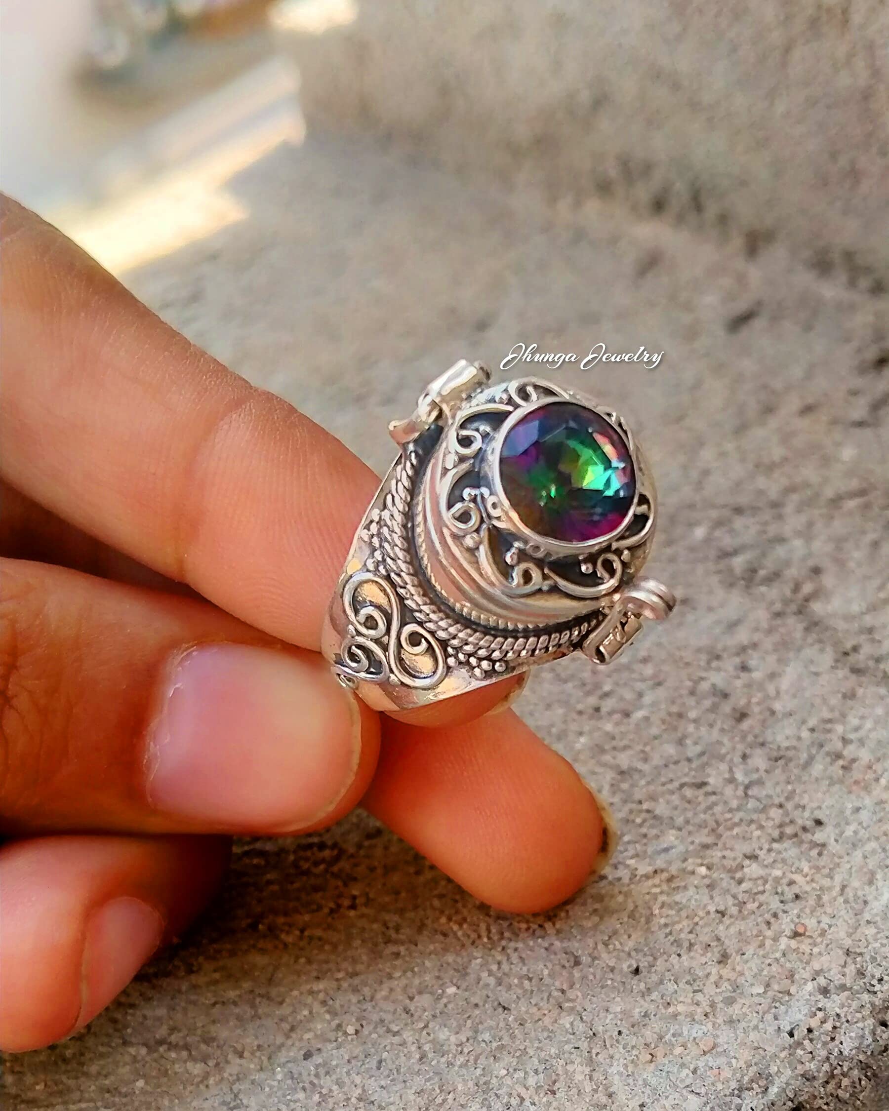 Handmade 925 Sterling Silver Mystic Topaz Poison Ring - Secret Box Ring with Openable Compartment, Rainbow Moonstone Jewelry for Gothic Fashion & Medieval Cosplay