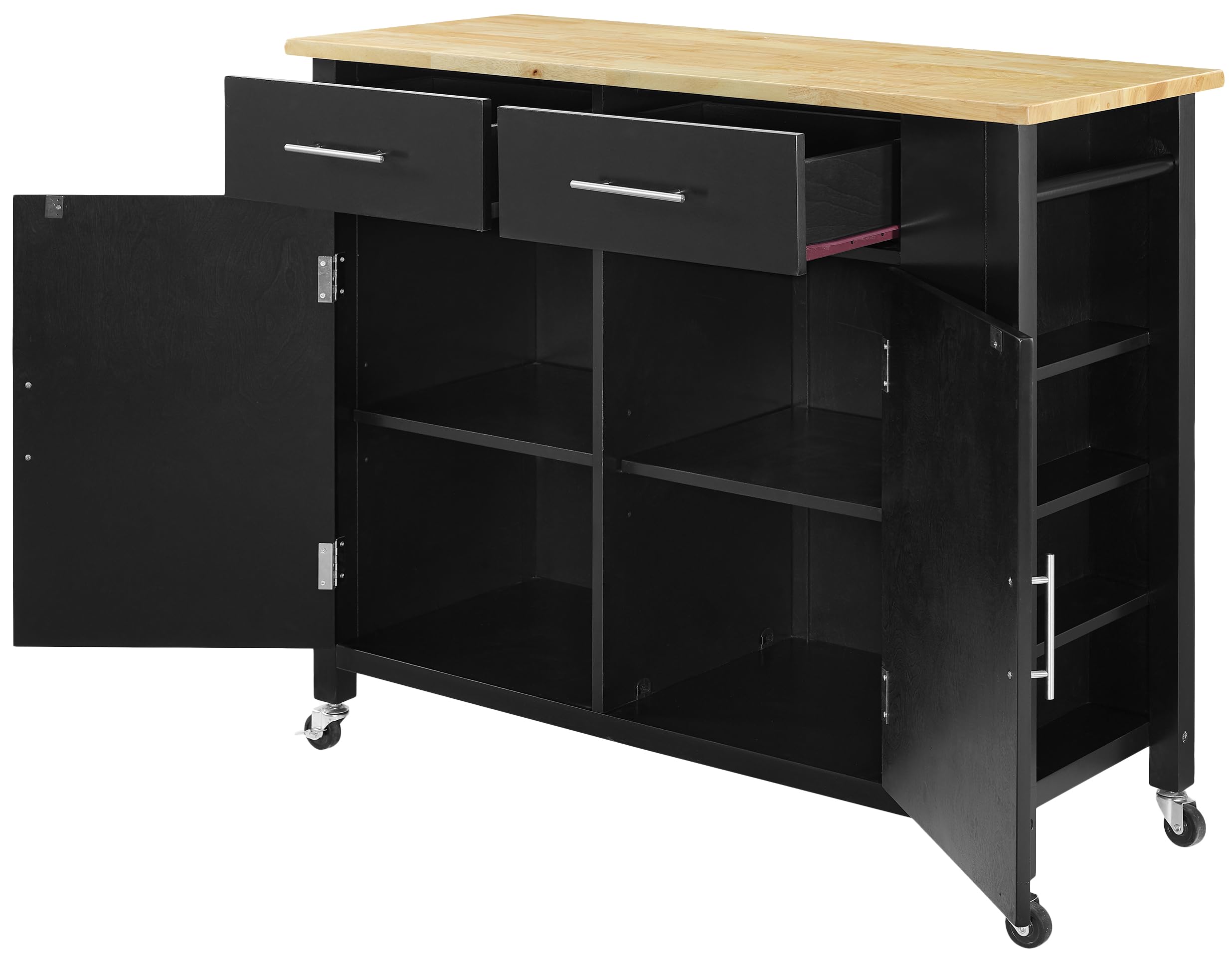 Crosley Savannah Wood Top Rolling Kitchen Island Cart with Shelves & Drawers - Black | Microwave Stand & Storage Solution for Small Kitchens, Apartments & Dining Areas