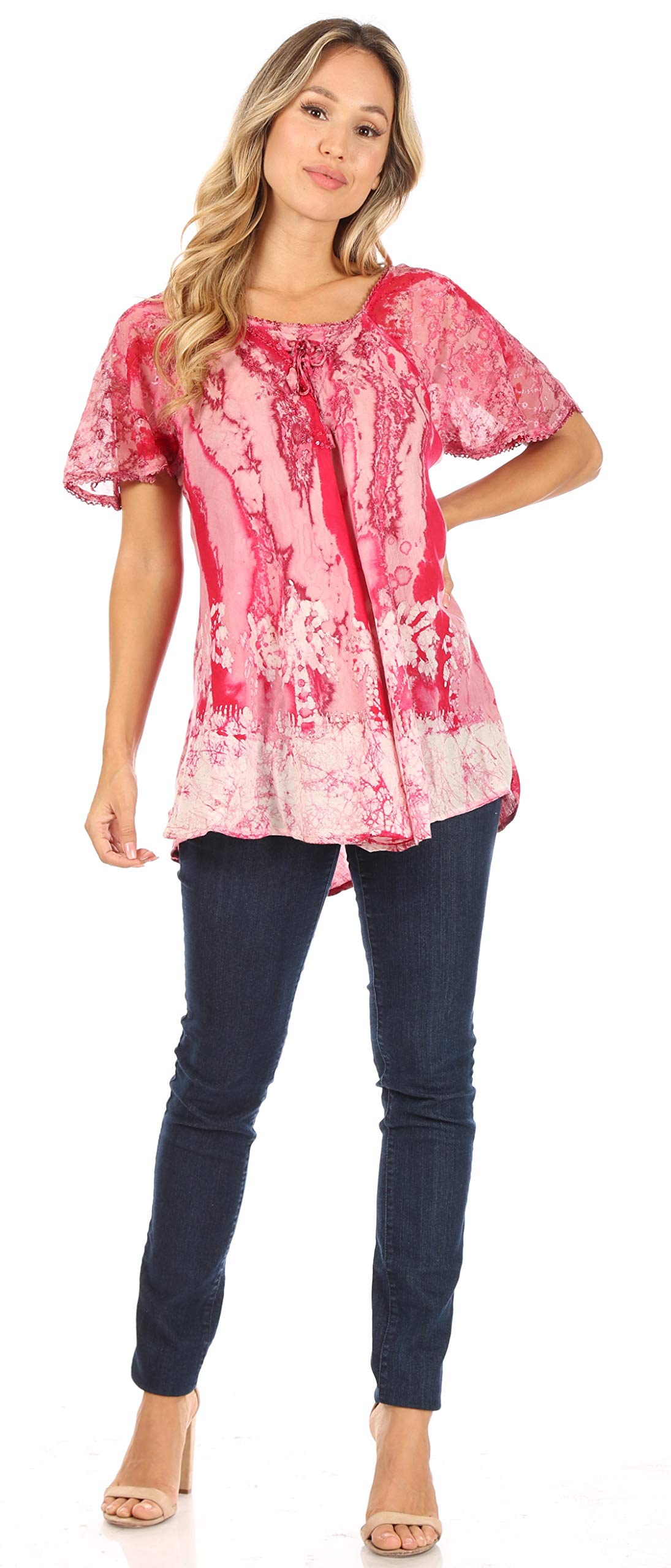 Sakkas Celia Marble Batik Short Sleeve Blouse for Women - Embroidered & Crochet Summer Top | Boho Chic Shirt for Beach Vacation, Date Night & Casual Outfits