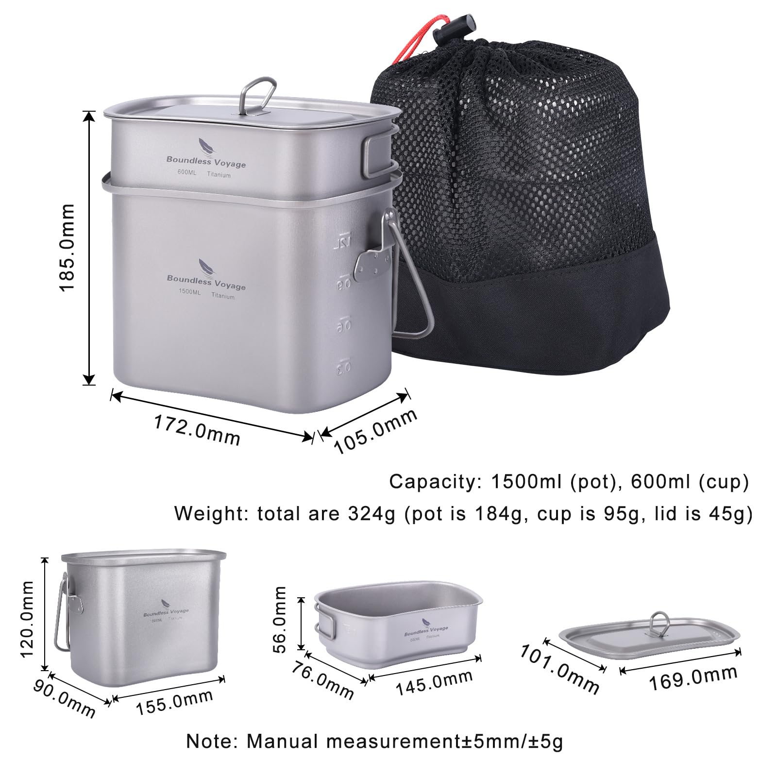 Boundless Voyage Titanium Camping Cookware Set - Lightweight Canteen Cup, Mess Kit & Kidney-Shaped Hanging Pot with Lid & Handles (Ti2059C) for Backpacking, Hiking & Outdoor Cooking Adventures