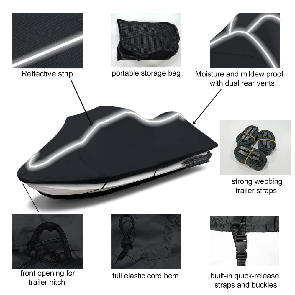Upgraded Fade & Crack Resistant Jet Ski Cover - Heavy Duty Waterproof PWC Cover with UV Protection & Reflective Strips (Fits 136