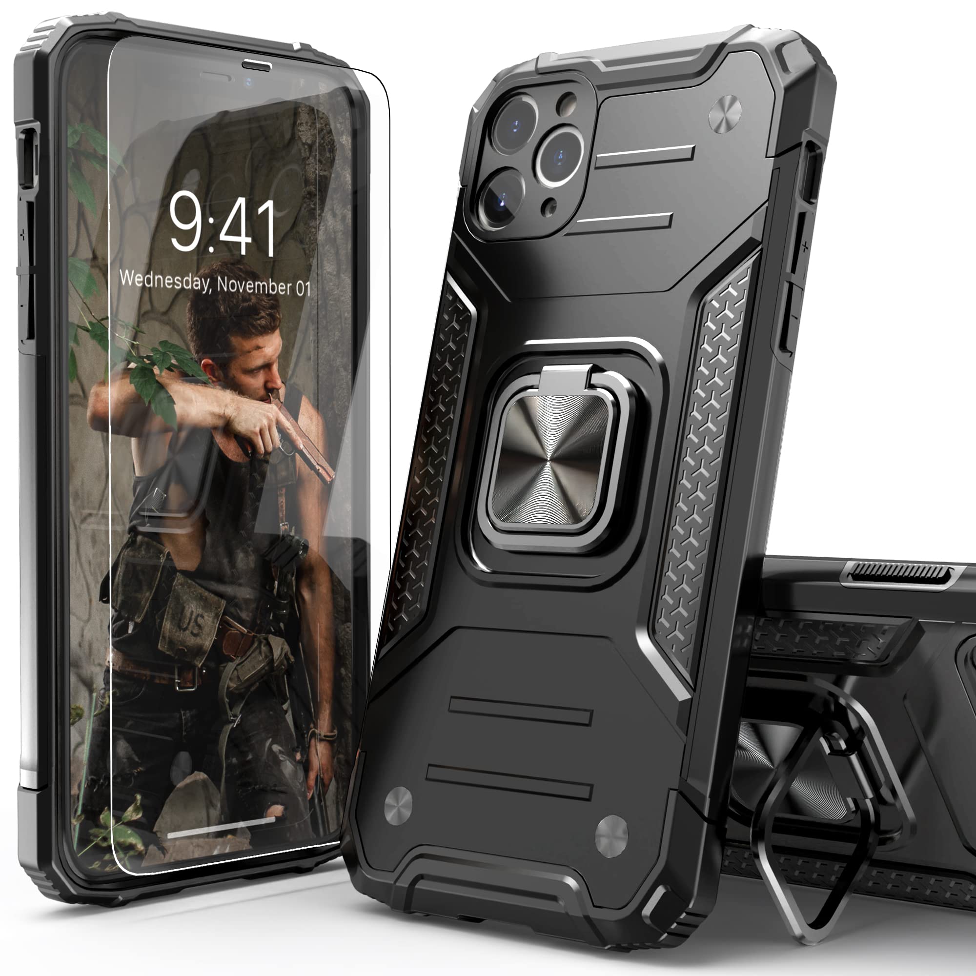 IDYStar iPhone 11 Pro Max Case with Screen Protector - Heavy Duty Shockproof Slim Cover with Kickstand & Car Mount | Durable Drop Tested Protection | Lightweight Protective Phone Case for iPhone 11 Pro Max (Black) | Perfect for Outdoor Activities, Work & Travel