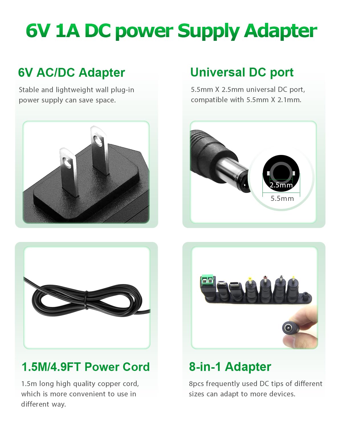 Arkare 6V 1A Power Adapter - AC 100V-240V to DC 6 Volt 1Amp Charger for Trash Can Doorbell, Alarm Monitor, Baby Swing, Electronic Scale, Radio & Speaker - Universal 6V Power Cord for Home & Office Electronics