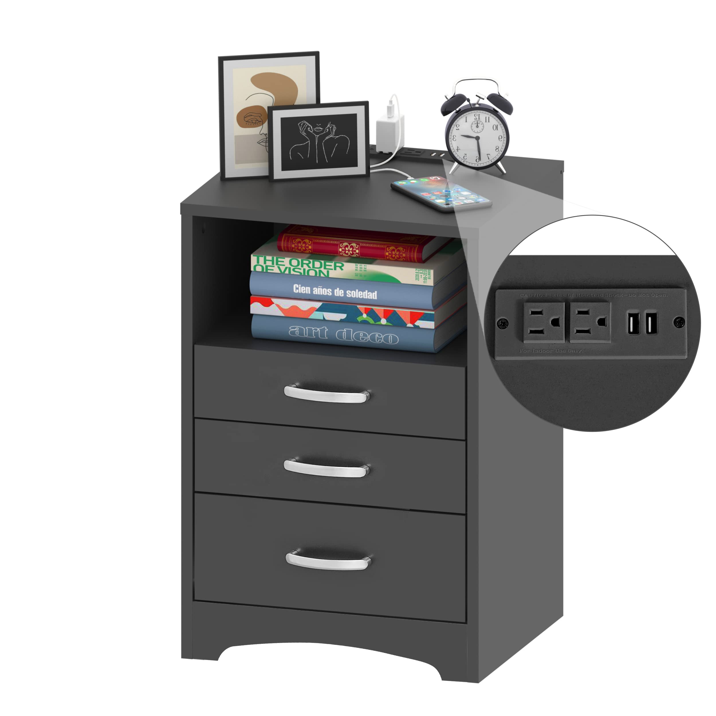 Black Nightstand with 3 Drawers & Charging Station - Bedside Table for Bedroom Storage & Organization