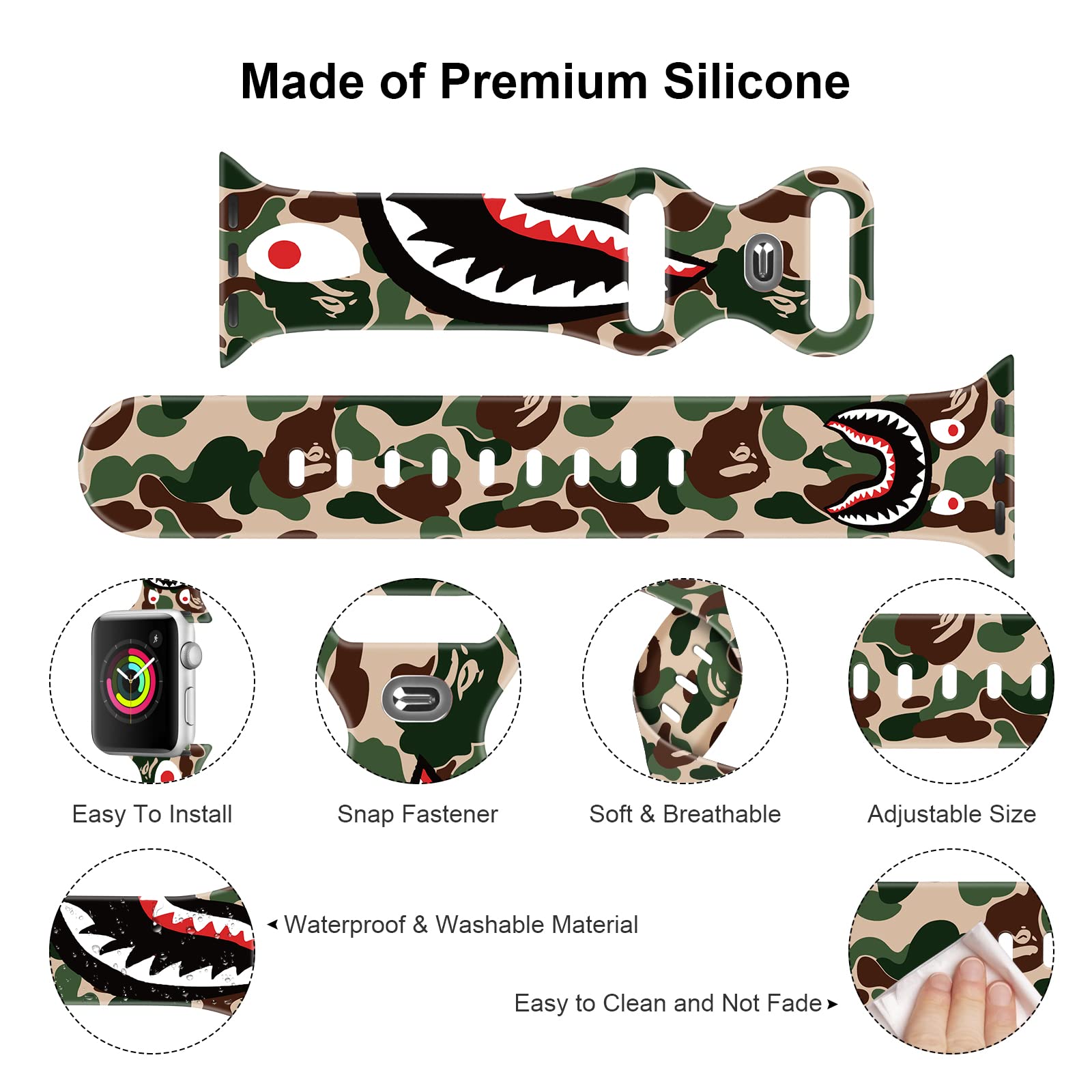 Soft Silicone Pattern Printed Bands for Apple Watch 38mm 40mm 42mm 44mm - Sport Replacement Strap Compatible with iWatch Series 6/5/4/3/2/1/SE - Perfect for Men & Women - Gym, Running, Swimming & Everyday Wear