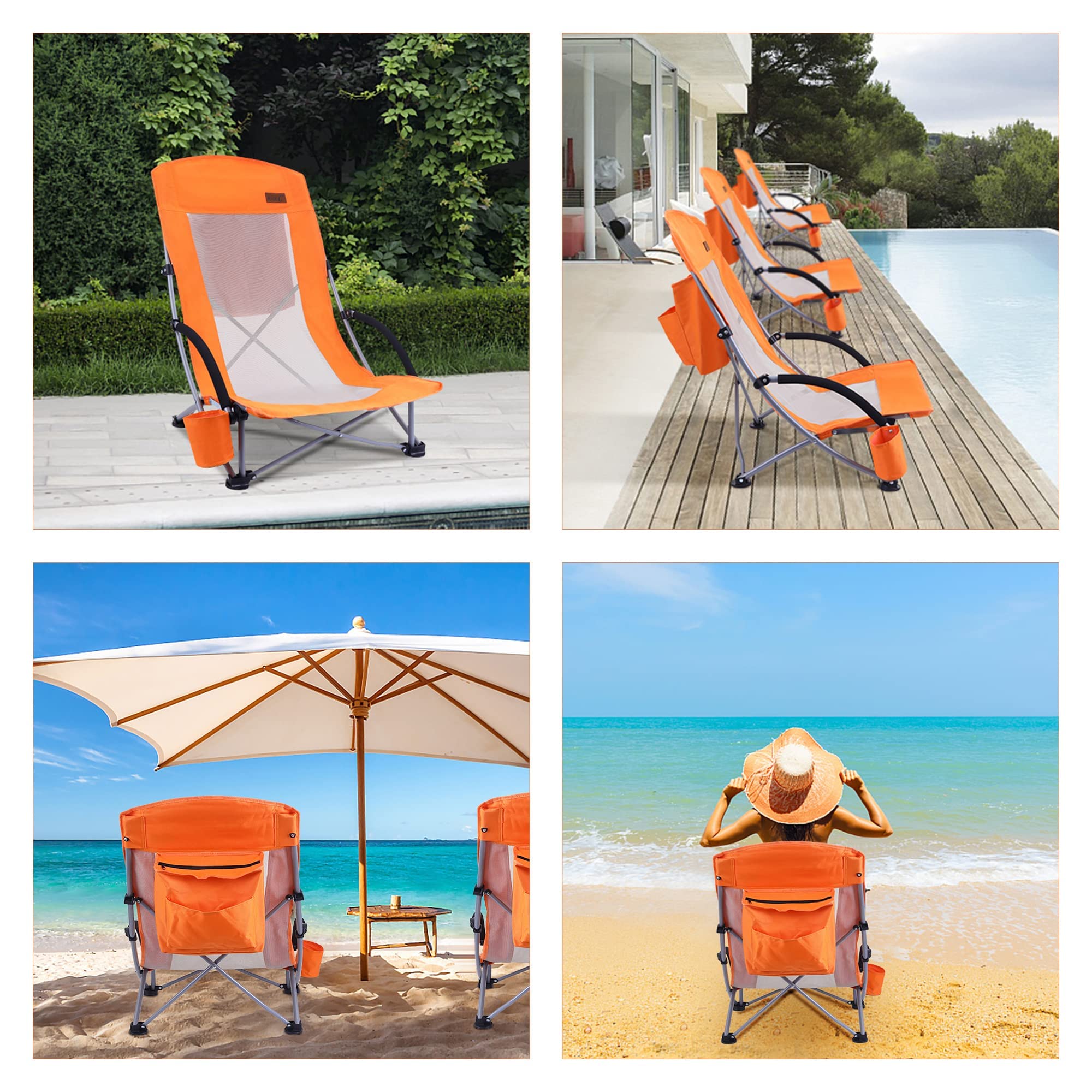 Premium 2-Pack High Back Beach Chairs for Adults with Cooler, Cup Holder & Carry Bag - Heavy Duty Portable Folding Chairs for Outdoor, Camping, BBQ, Travel, Picnic, Festival (Orange) - Perfect for Beach Relaxation, Backyard Lounging & Summer Adventures