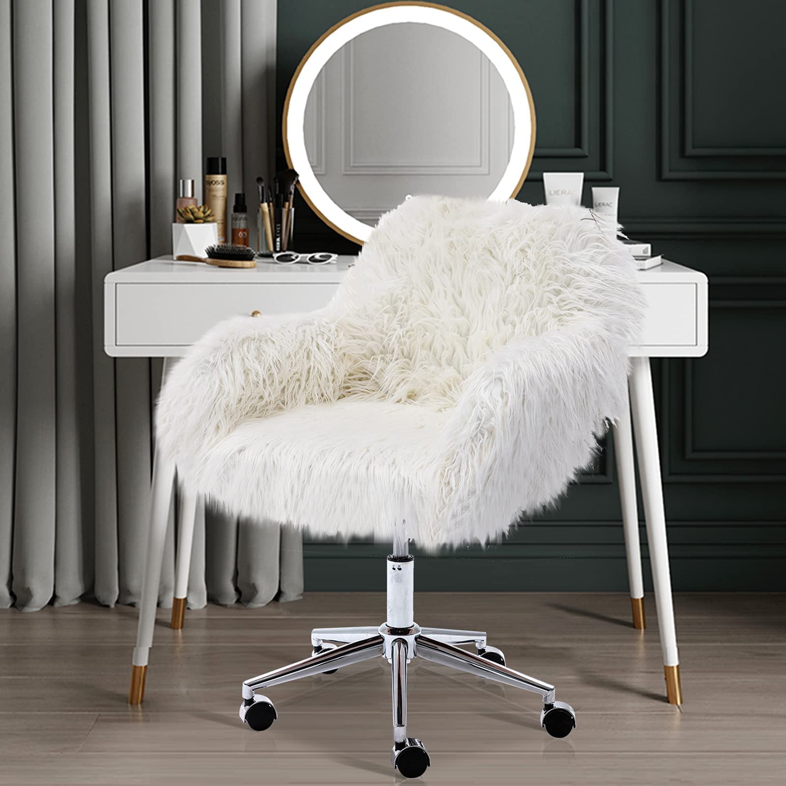 Henf Home Office Chair - Modern Swivel Desk Chair with Wheels, Tufted Faux Fur Vanity Chair for Bedroom & Office - Ergonomic Computer Chair for Women & Girls (White) - Perfect for Home Office, Gaming Setup & Makeup Station