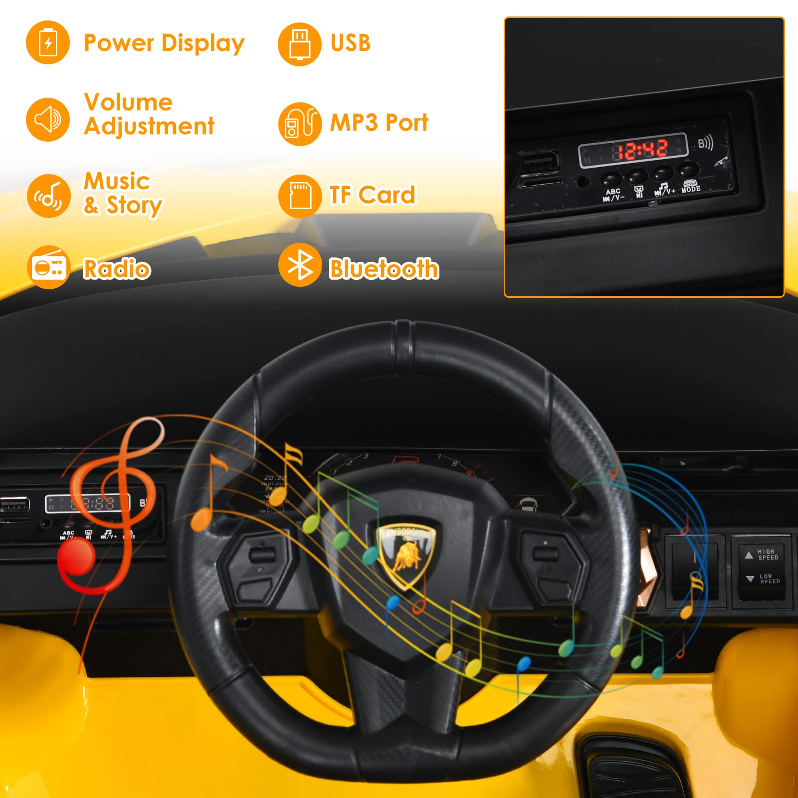 OLAKIDS Licensed Lamborghini SIAN 12V Electric Ride On Car for Kids - Remote Control, 2 Speed, LED Lights, Bluetooth & Music - Battery Powered Toy Vehicle for Toddlers (Yellow) - Perfect for Birthday Gifts, Outdoor Play & Indoor Fun