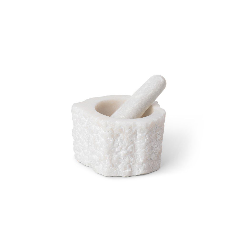 FERM LIVING Petra Quartz Mortar and Pestle Set - White - Perfect for Grinding Spices, Herbs & Making Fresh Pesto in Your Kitchen