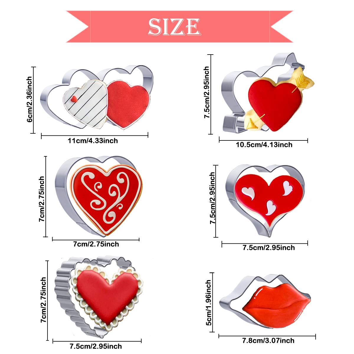 6PCS Valentine's Day Cookie Cutters Set - Heart, Cupid Arrow, Lip & Double Heart Shapes for Biscuits, Sandwiches & Fondant | Perfect for Baking, DIY Gifts & Romantic Celebrations
