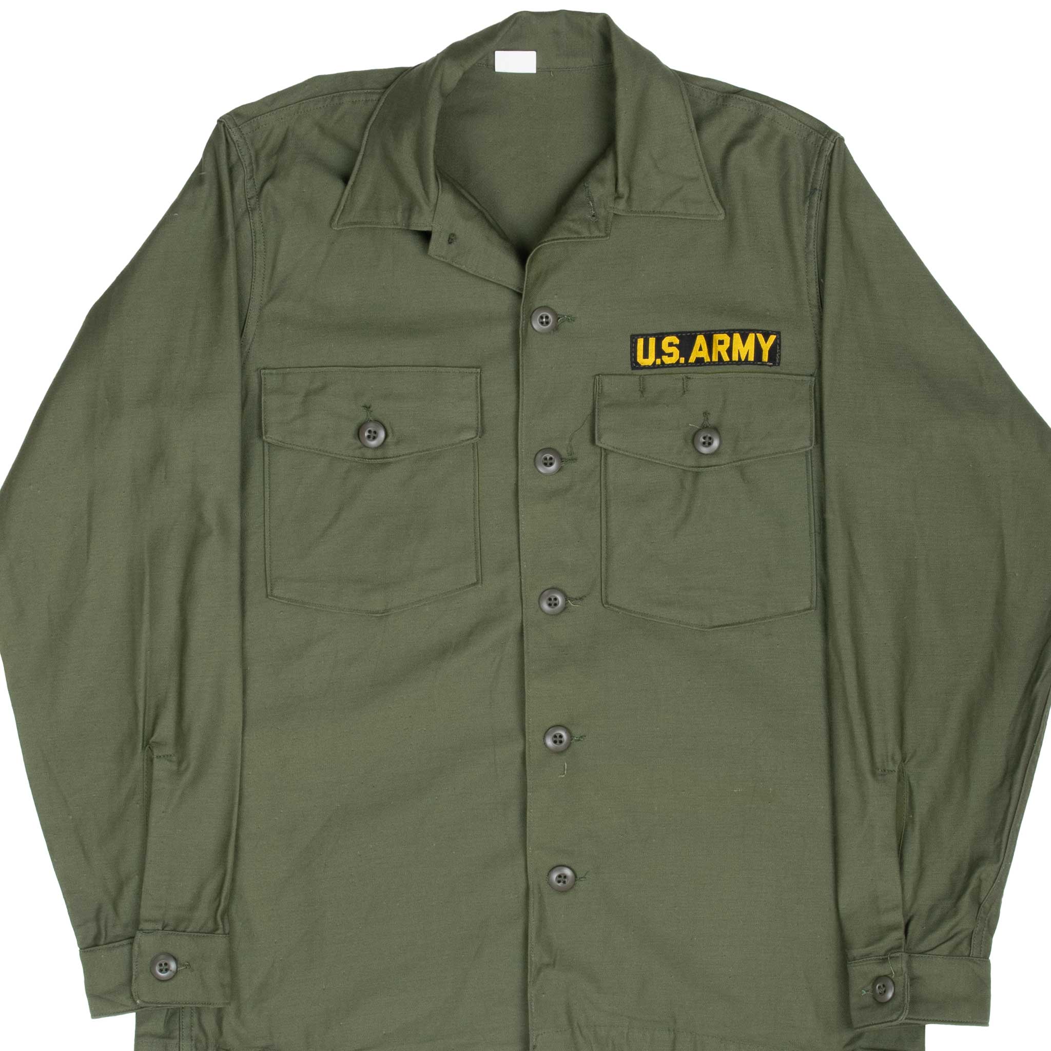 Vintage 1970s US Army Vietnam War Utility Sateen Shirt with P64 Patch - Size 15 1/2 x 33 - Military Collectible & Historical Reenactment Gear for Veterans & History Enthusiasts