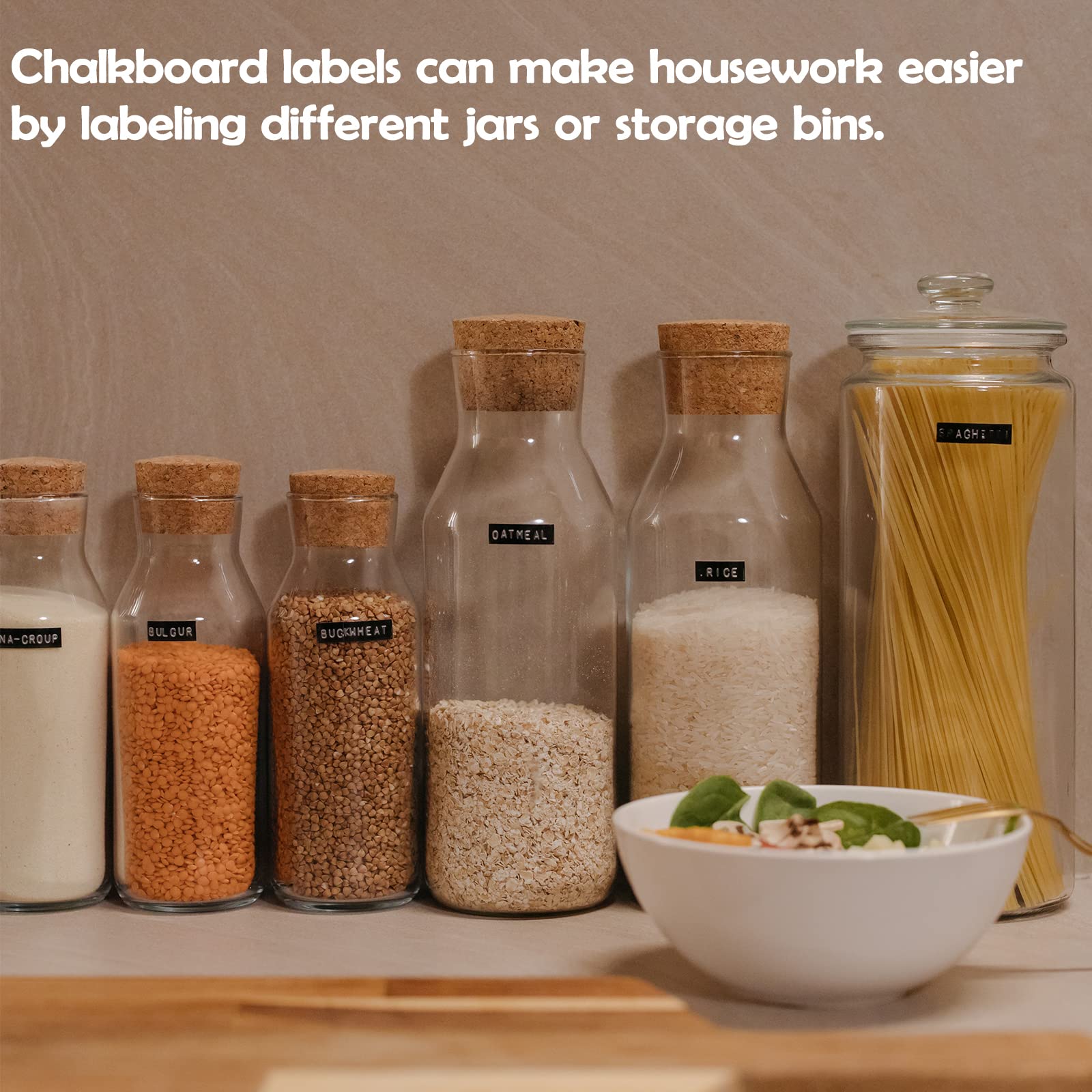 120pcs Reusable Chalkboard Labels for Containers - Waterproof Blackboard Stickers with White Chalk Marker | Perfect for Pantry Organization, Glass Jar Labeling & Coffee Cup Marking (Black Chalk Labels for Storage Bins)