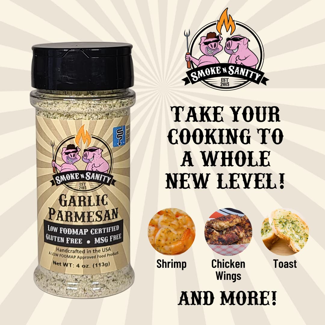 Smoke n Sanity Garlic Parmesan Seasoning - Monash Certified Low FODMAP, Gluten Free & Sensitive Stomach Friendly - 4.0 oz Shaker - Perfect for Pasta, Pizza & Low FODMAP Diet Cooking