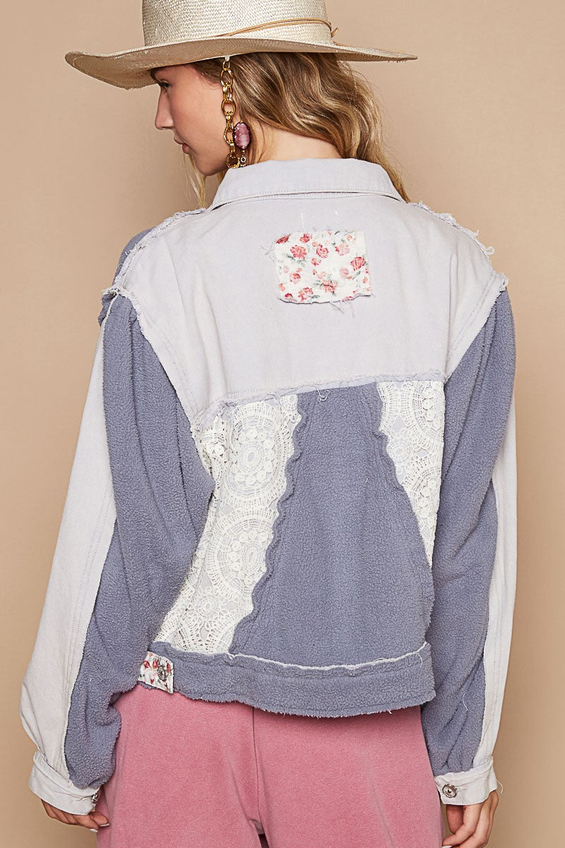 Stylish POL Crochet Patch Exposed Seam Button-Up Jacket for Women - Vintage Boho Fashion Outerwear for Spring & Fall