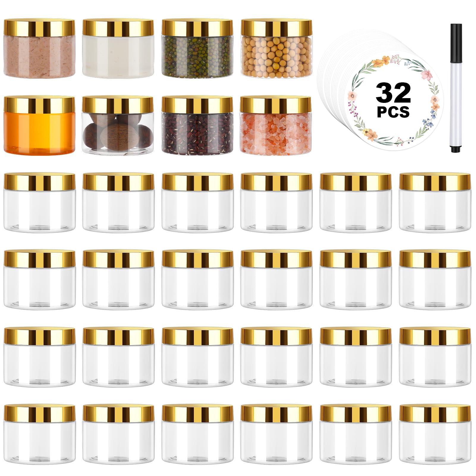 32 Pack 5 oz Plastic Jaws with Gold Lids - Clear Empty Cosmetic Containers for Body Butter, Makeup & Food Storage | Travel Size, Airtight, Reusable (Perfect for DIY Creams, Travel Toiletries & Small Item Organization)