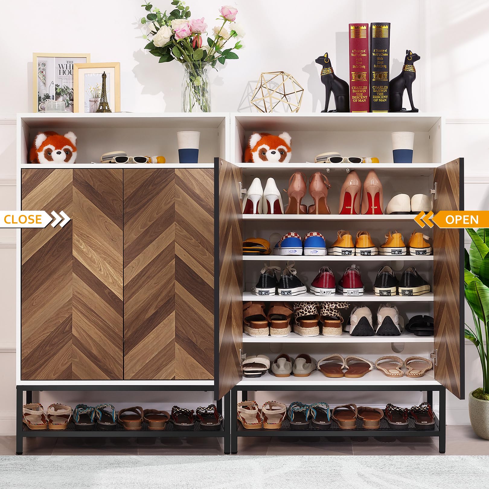 7-Tier Modern Shoe Storage Cabinet with Doors & Adjustable Shelves - Large Capacity Wooden Shoe Rack Organizer for Entryway, Hallway, Closet - Perfect for Dumbbell Storage & Home Organization (White)