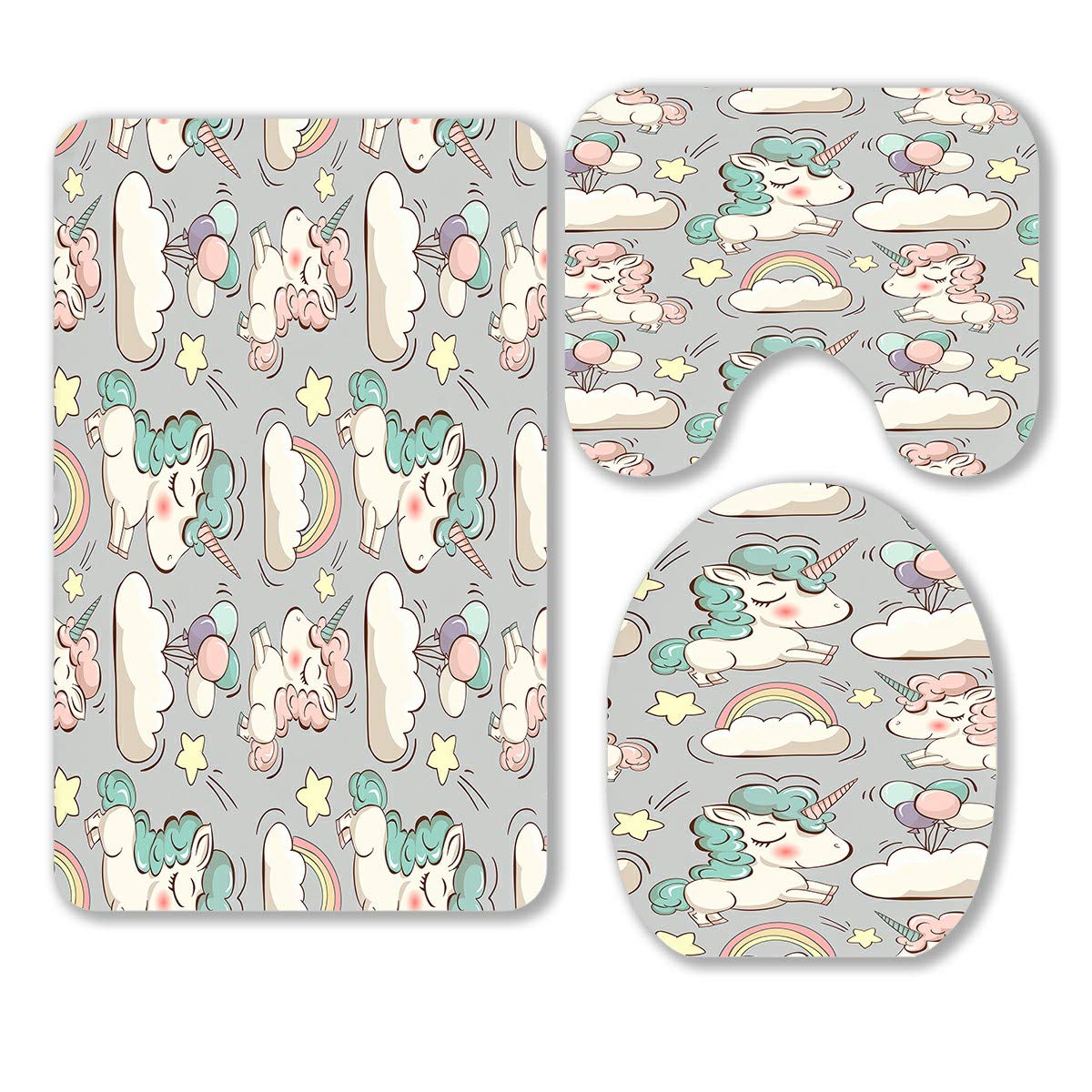 Cute Unicorn Cloud Rainbow Stars 3-Piece Bathroom Rug Set - Non-Slip Bath Mat, Contour Mat & Toilet Lid Cover - Soft Magic Decor for Kids & Girls Bedroom, Bathroom Accessories
